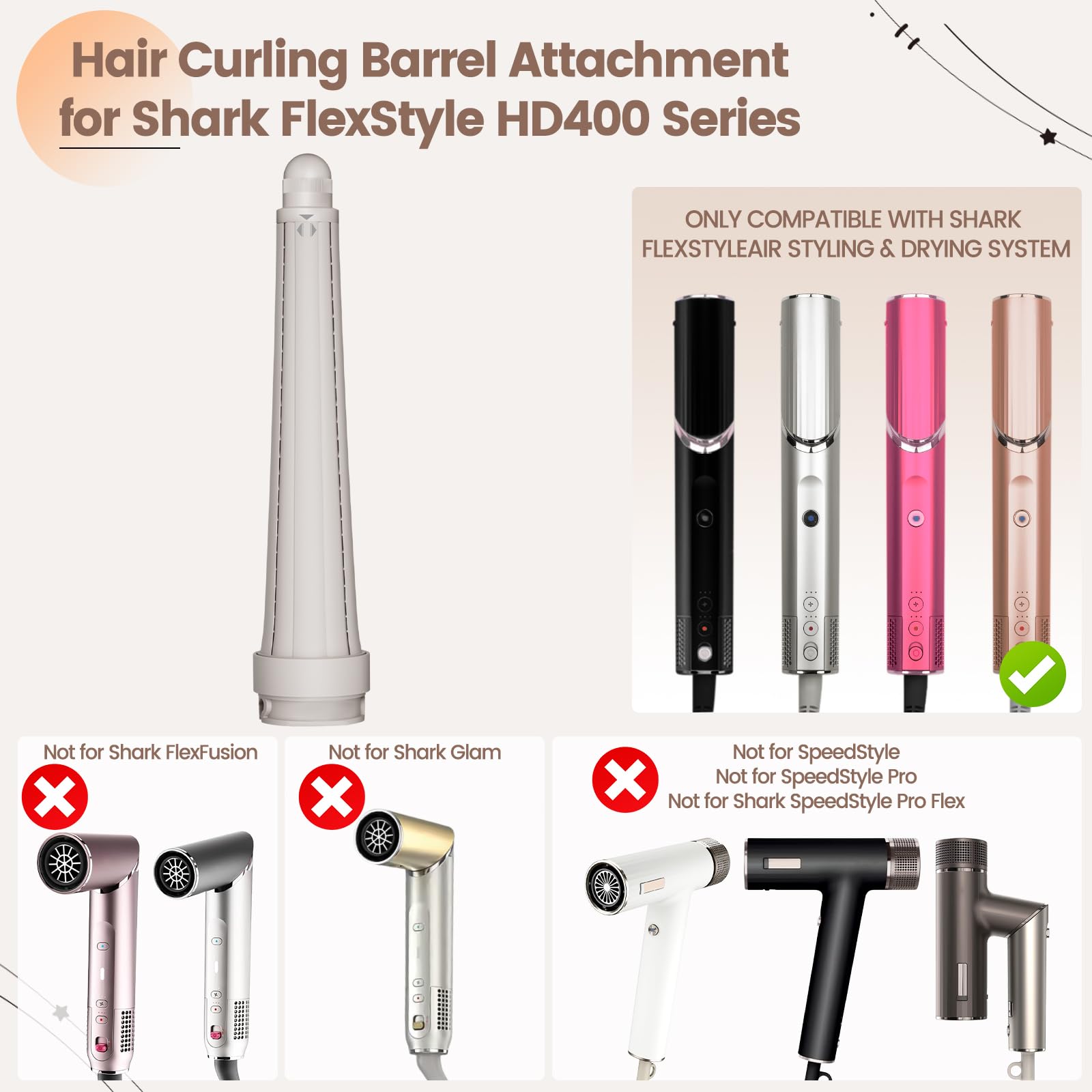 Curling Barrel Attachment Compatible with Shark FlexStyle HD400 Series