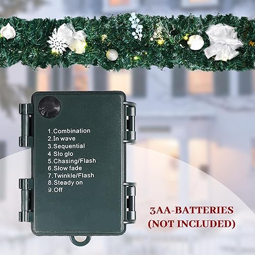 Miniatura 5 de MorTime Guirnalda de Navidad LED de 9 pies con lazos de bayas, guirnalda artificial preiluminada con 50 luces LED blancas cálidas para decoraciones