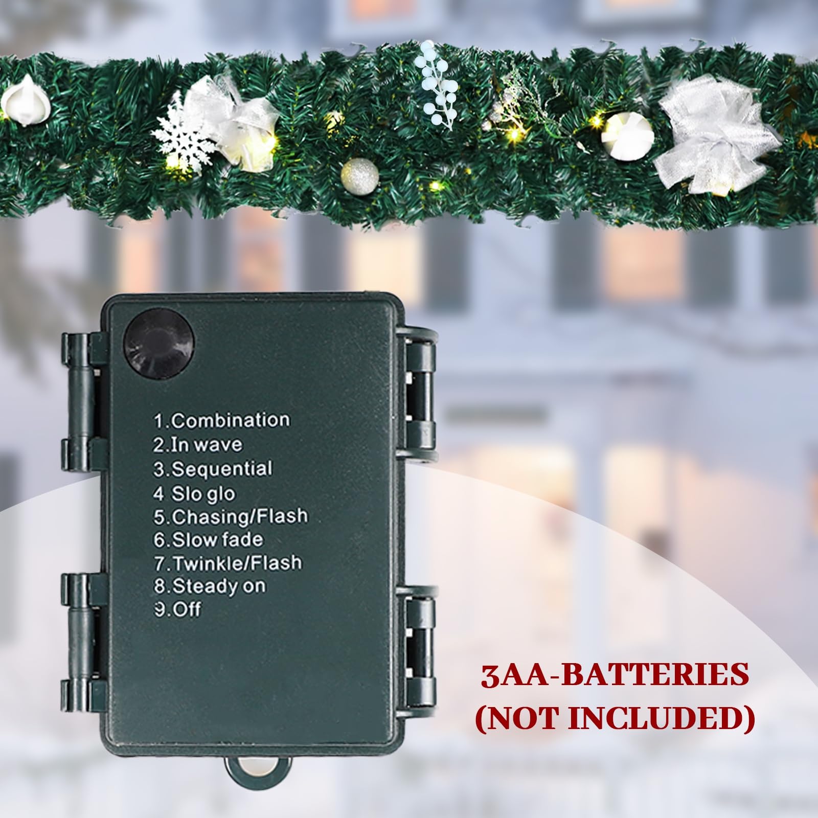 MorTime Guirnalda de Navidad LED de 9 pies con Lazos de Bayas, Bolas de Navidad, Guirnalda Artificial preiluminada con 50 Luces LED Blancas cálidas para Decoraciones de Navidad en Interiores y
