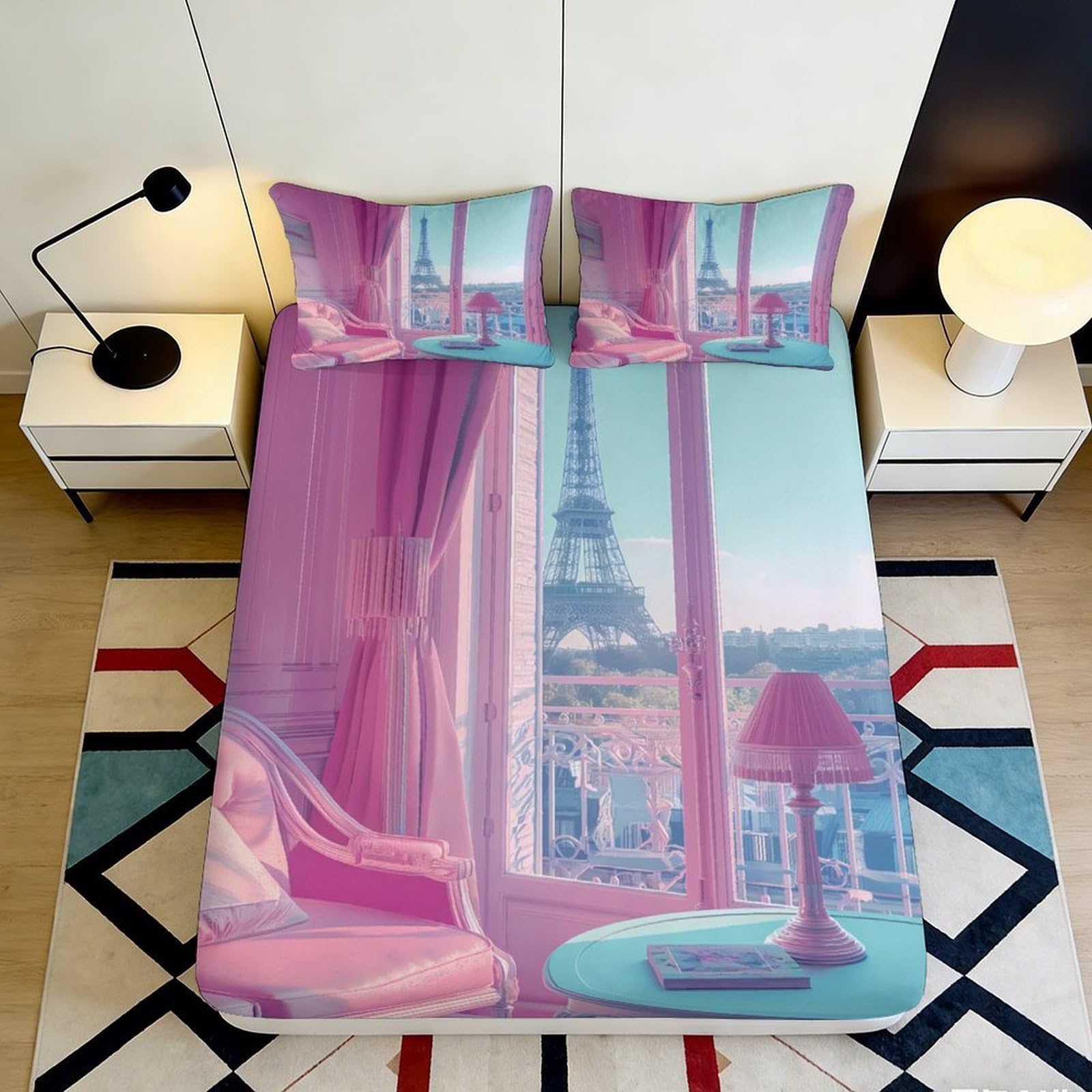 3D Printed Paris Eiffel Tower Fitted Sheet Microfiber Pink Blue Window View Mattress Cover for Bedroom Guest Room Decor 90x200x25cm