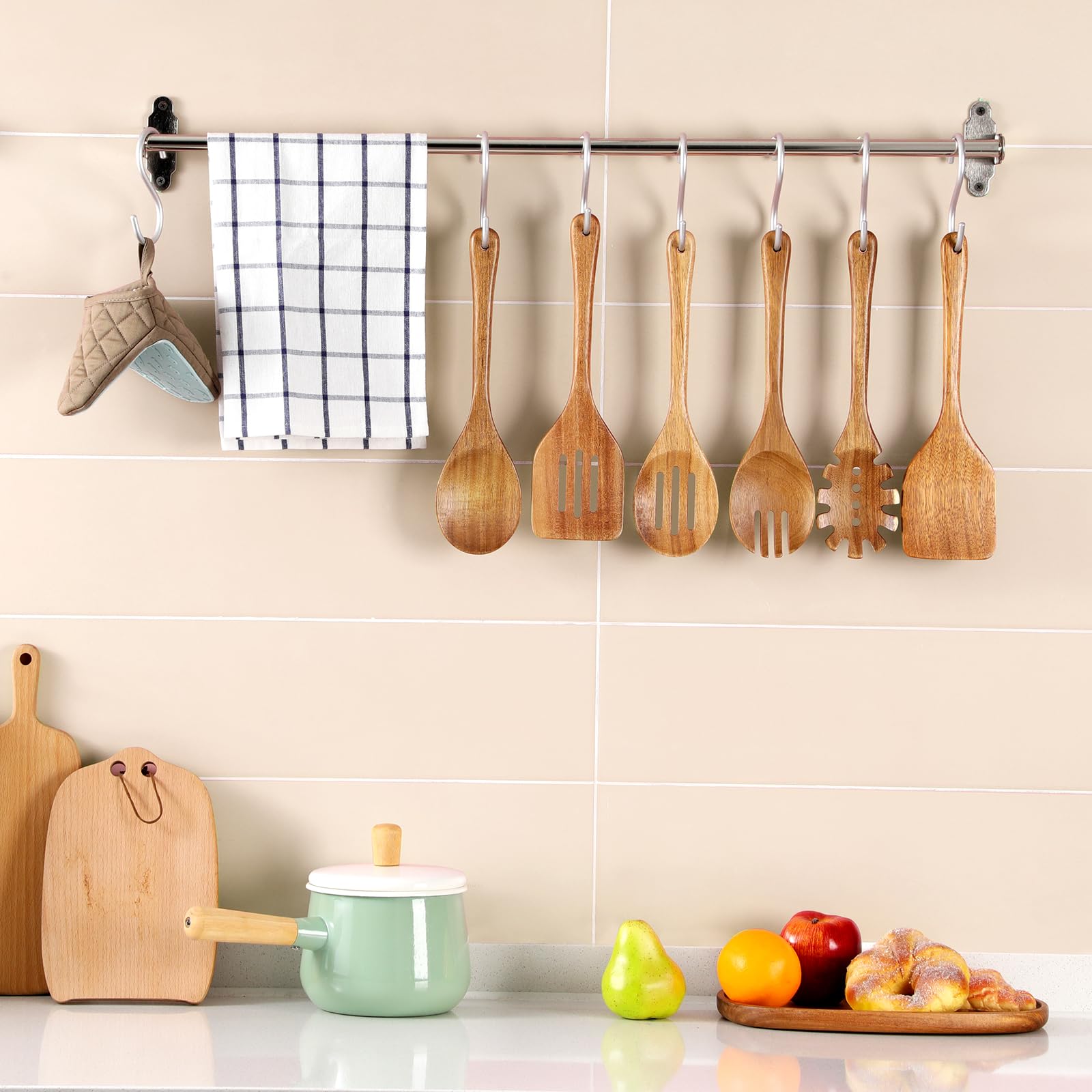 Cucharas de madera para cocinar, 6 piezas de utensilios de cocina de madera de acacia natural con diseño antiadherente y resistente al calor, juego de utensilios de cocina de madera con agujero
