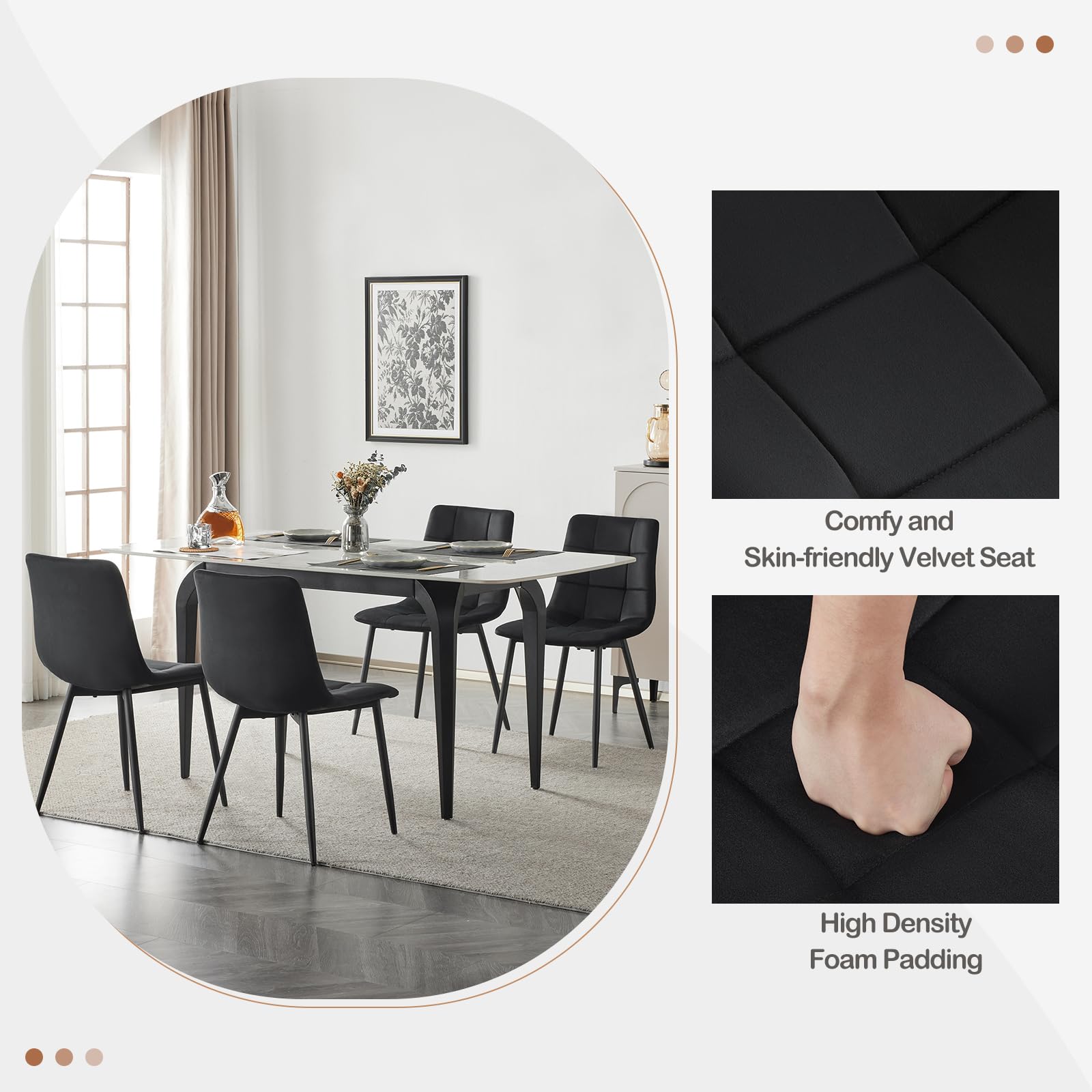 EUGAD Chaises de Salle à Manger Lot de 4, Chaise de Cuisine, avec Pieds en Métal et Dossier, Siège Rembourré, en Velours, Noir