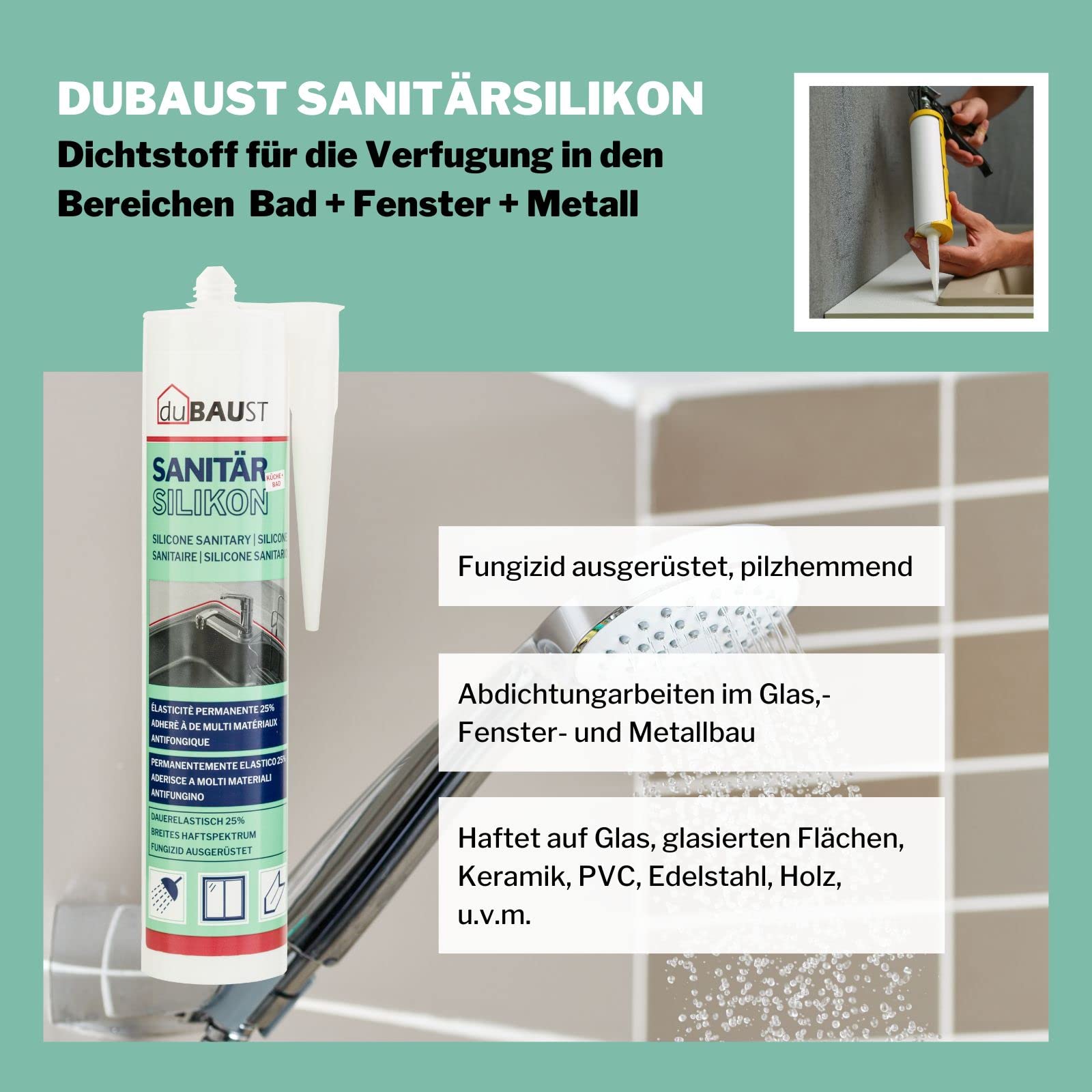 12x dubaust SAS24 Sanitärsilikon elastisch dauernassbeständig schimmelresistent Bad Küche Dusche Feuchträume 310ml Kartusche (beige)
