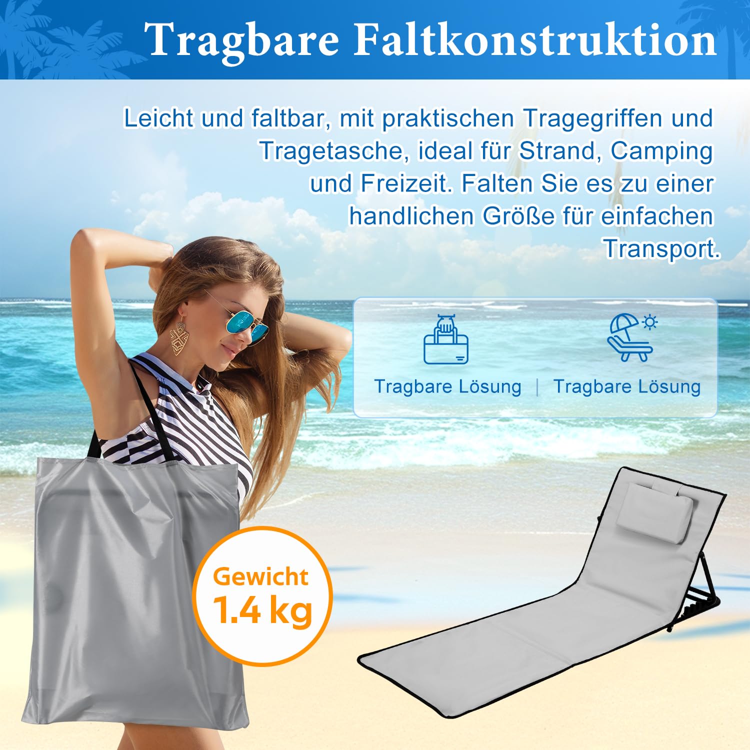 Leżak plażowy, mata plażowa, 2 sztuki, składana, przenośna, składana, do użytku na zewnątrz, kolor szary, 5-stopniowa regulacja, łącznie z torbą do przenoszenia, kolor jasnoszary