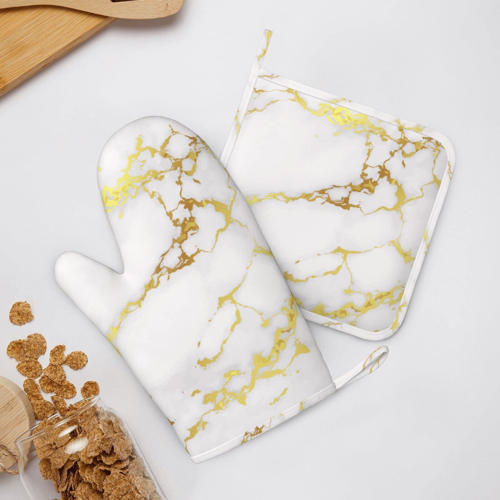 Ofenhandschuhe & Topflappen Set – Hellrosa Marmordesign, Hitzebeständig Bis 250°C, 4-teilig