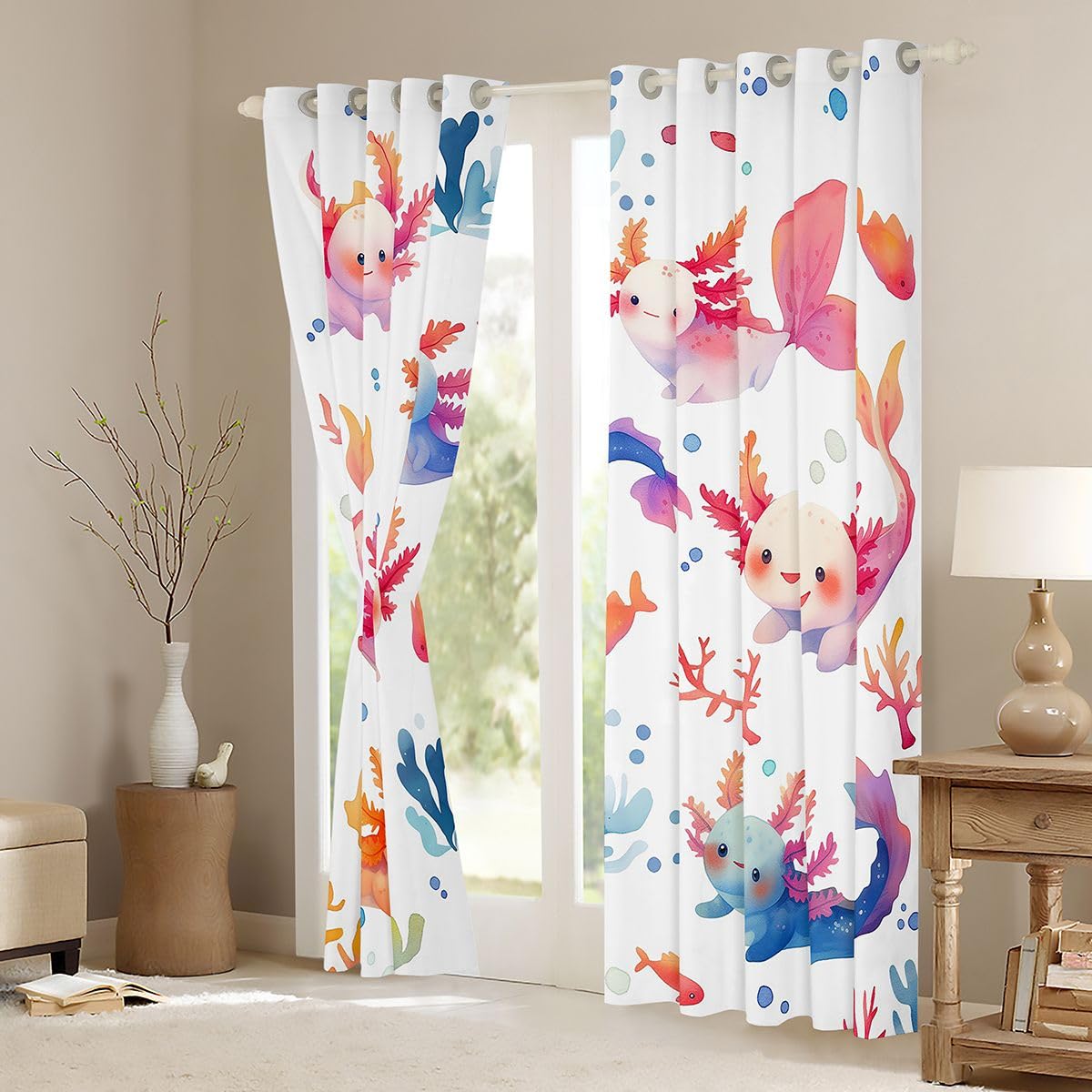 Homemissing Tende oscuranti Axolotl per camera da letto e soggiorno, motivo salamandra, stile kawaii, oceano e vita marina, 2 pannelli, 132 x 228 cm, decorazione per la stanza