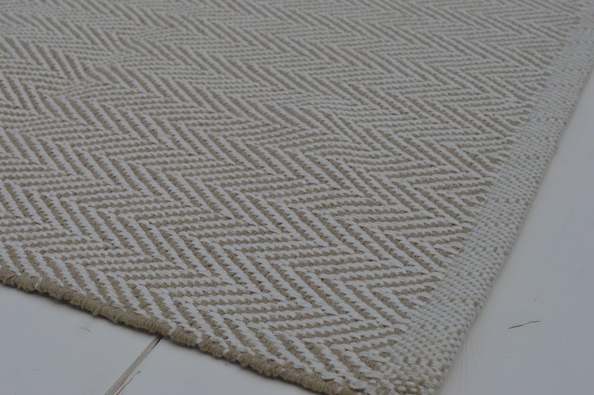 Hall Runner, 100% Cotton Herringbone Weave Rug 80x250cm Pebble Taupe/White