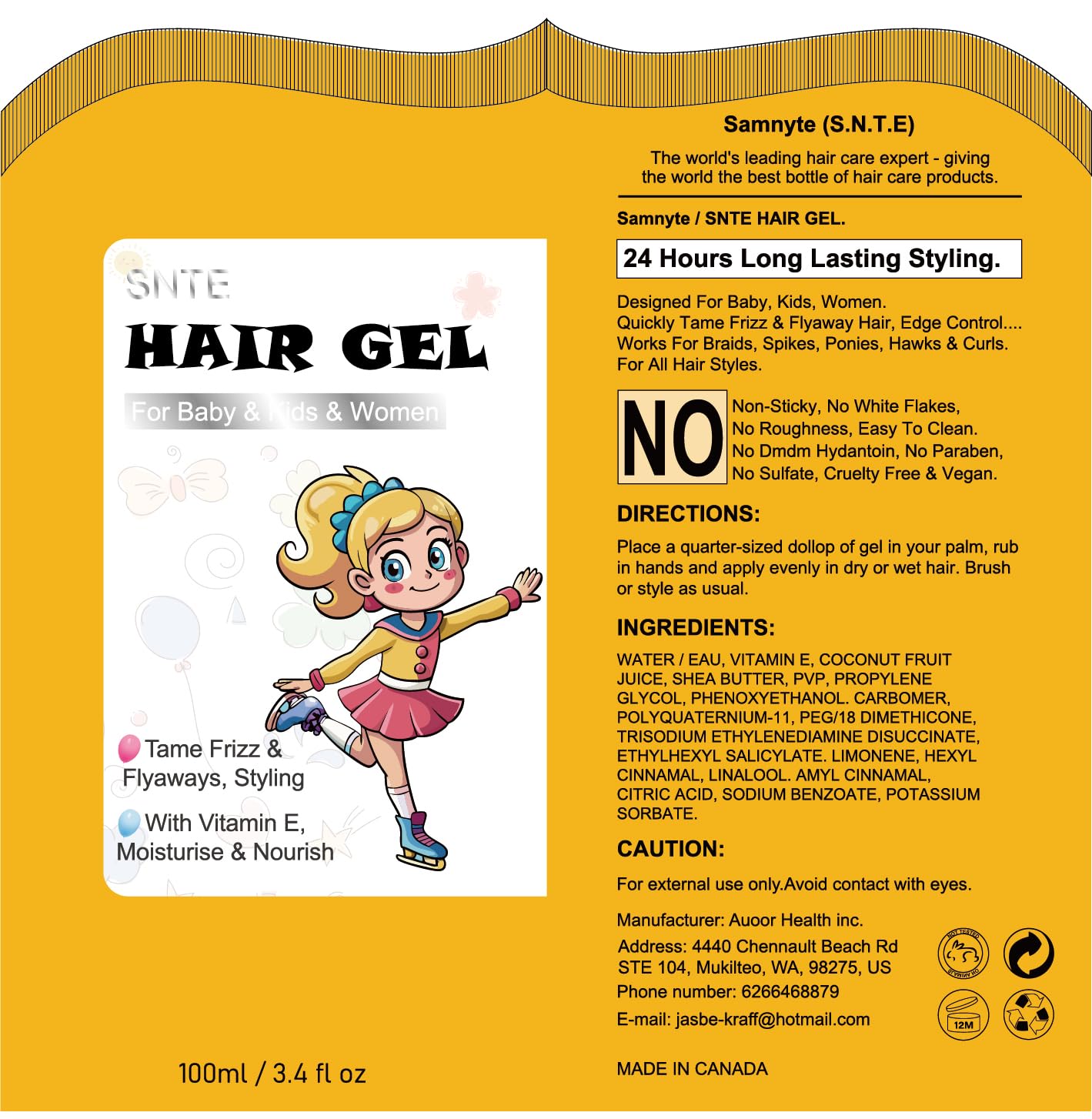 Samnyte Hair Gel for Kids, Baby Hair Gel Fly Away Hair Tamer, Styling Gel - Vitamin E Moisturize and Nourish, Flexible Hold Designed for Boys & Girls 3.4 Fl Oz