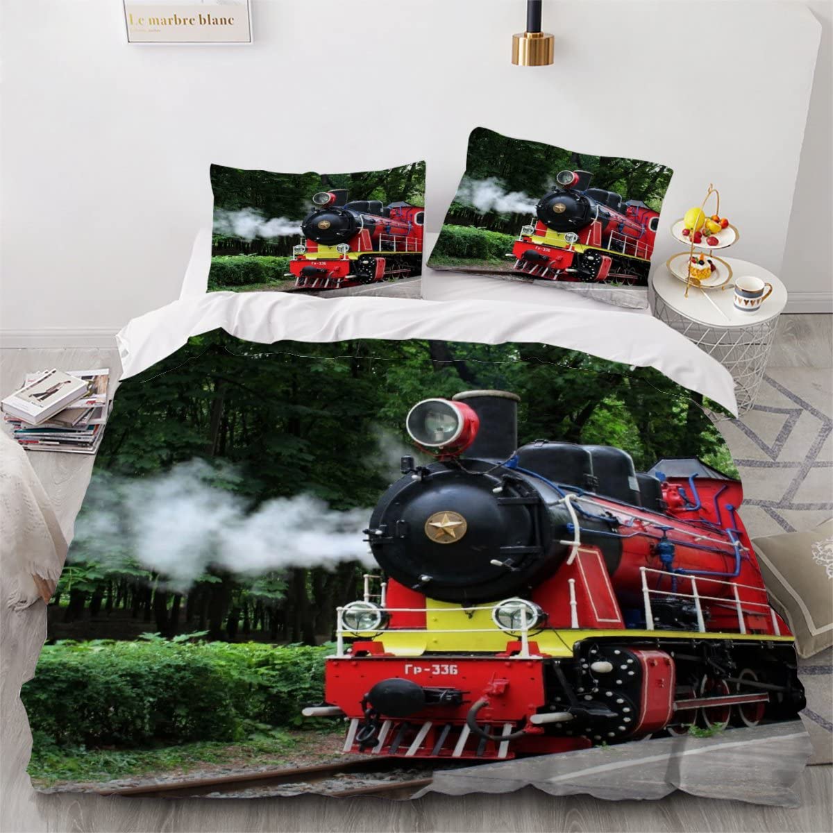 Duvet Cover double Steam Train 3d Printed Colorful Quilt Cover with Zipper Closure and Pillowcase Retro Locomotive Bedspread Cover Ultra Soft Microfiber Bedding Set for Children Adult