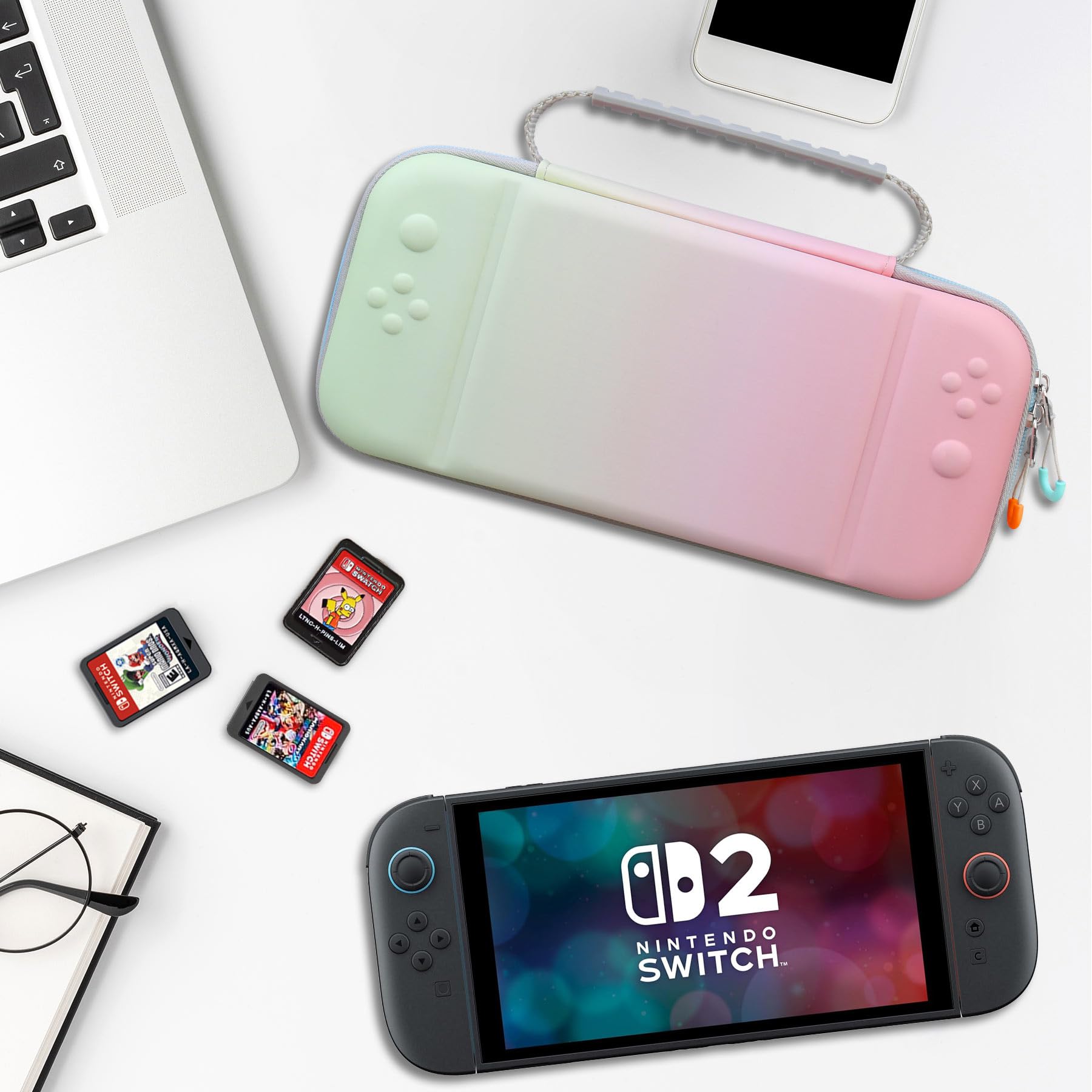 Supmay Funda de Transporte para Nintendo Switch 2, Funda rígida Protectora y portátil para Viajes con Capacidad para 24 Cartuchos de Juegos y Bolsillo de Malla, Rosa Verde Fancy