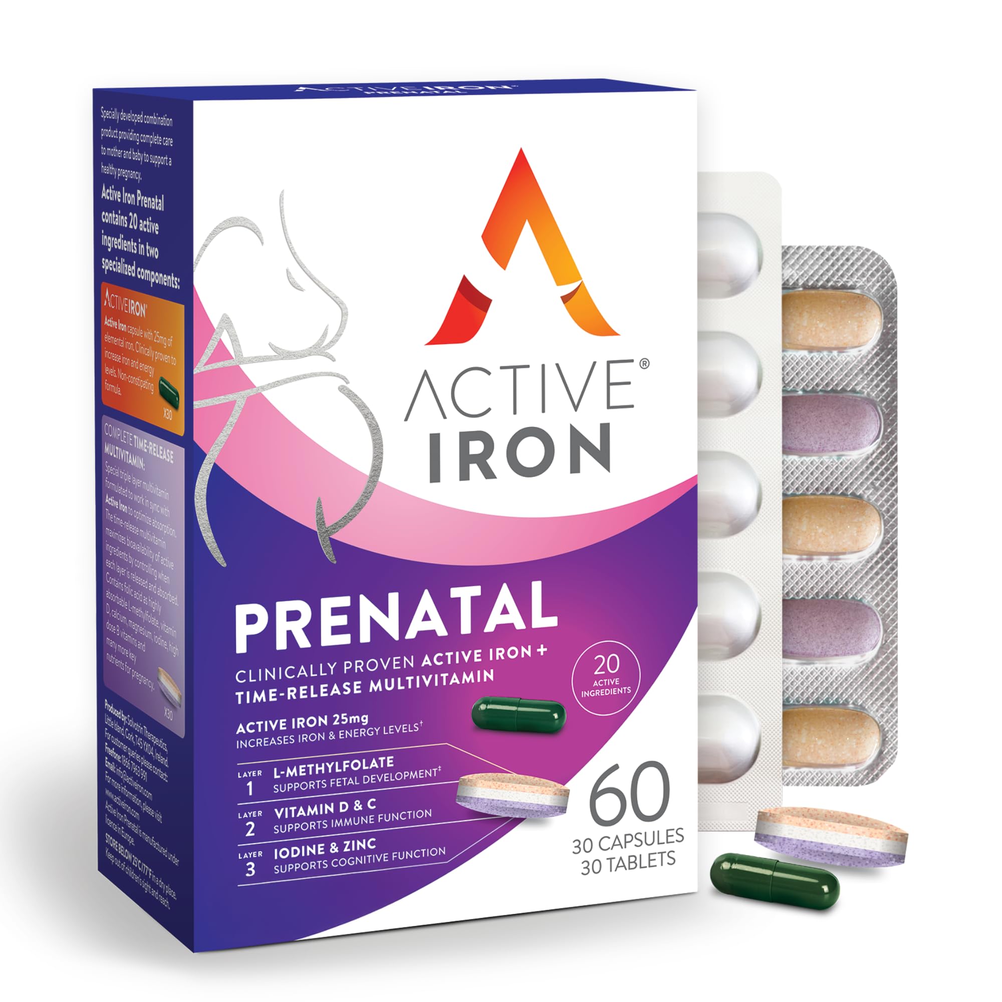 ACTIVEIRON Supplement 25mg + Prenatal Multivitamin, Gentle &amp; Avoids Nausea