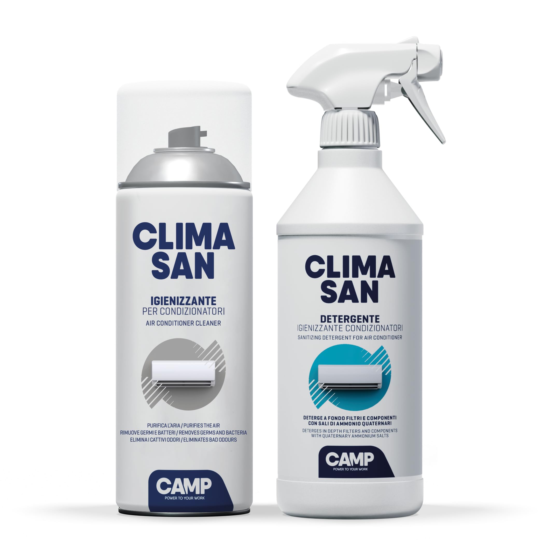 CAMP Climasan Kit Detergente e Igienizzante Impianti di Climatizzazione – Trattamento Completo per Climatizzatore ad Azione Purificante  Rimuove Germi  Batteri ed Elimina Cattivi Odori  Made in Italy