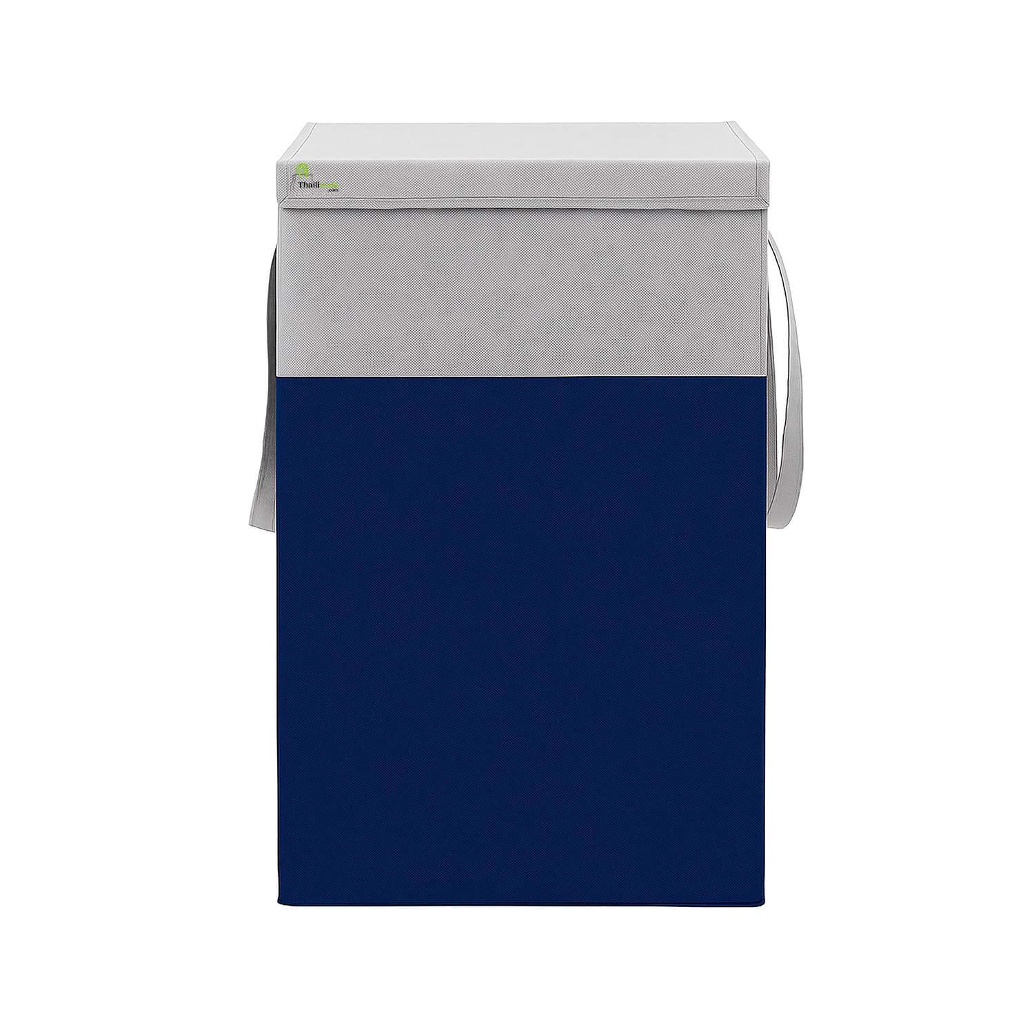 premium 75l foldable laundry basket for clothes with lid, navy blue and gray clothes storage basket, collapsible clothes organizer box for home storage & kids toys (set of 1)