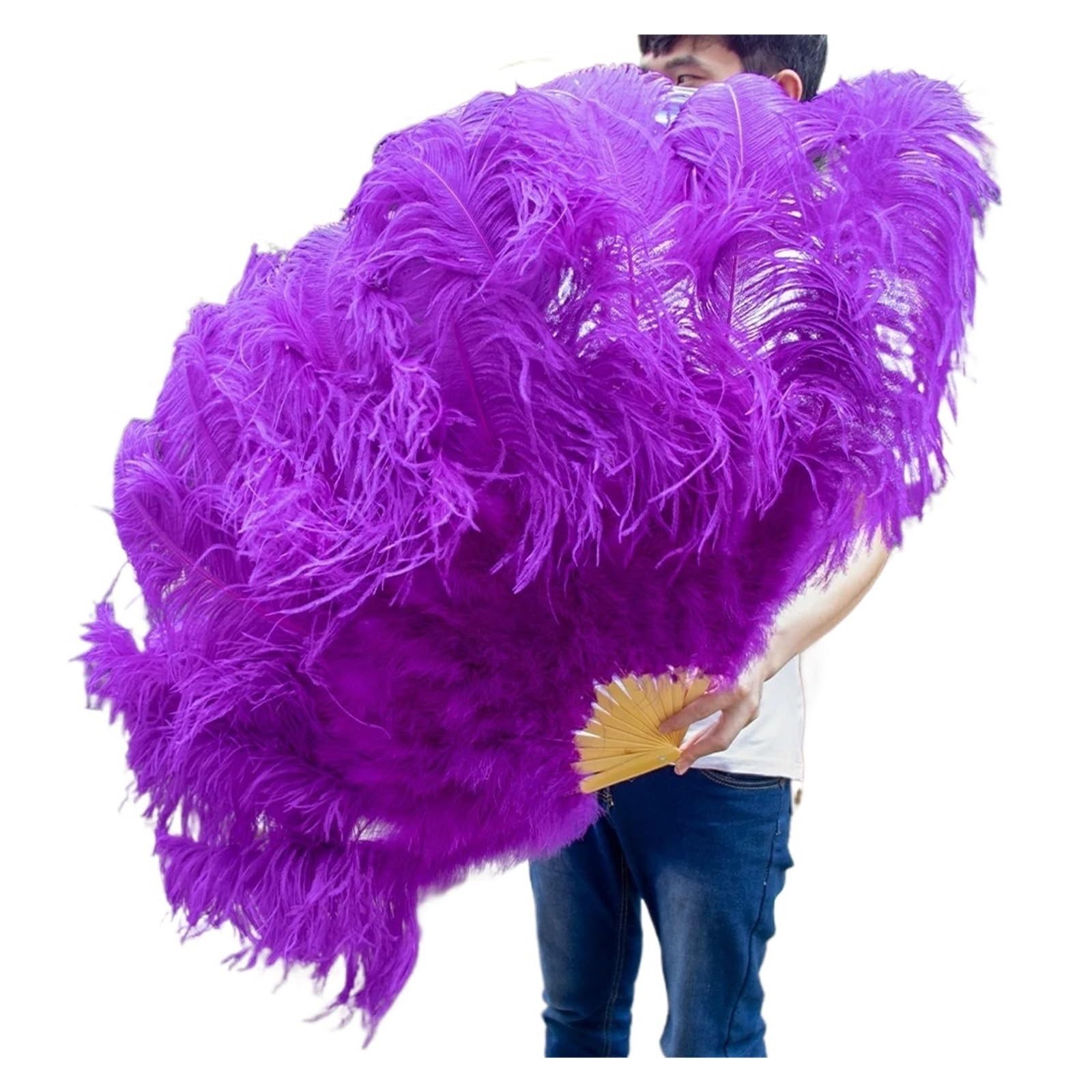 Wentylator ręczny z piórami, Duży prawdziwy wentylator z piór strusia udekoruj imprezę weselną na Halloween, wentylator do tańca brzucha DIY Plumas Fan Bars(Deep Purple,100 130CM)