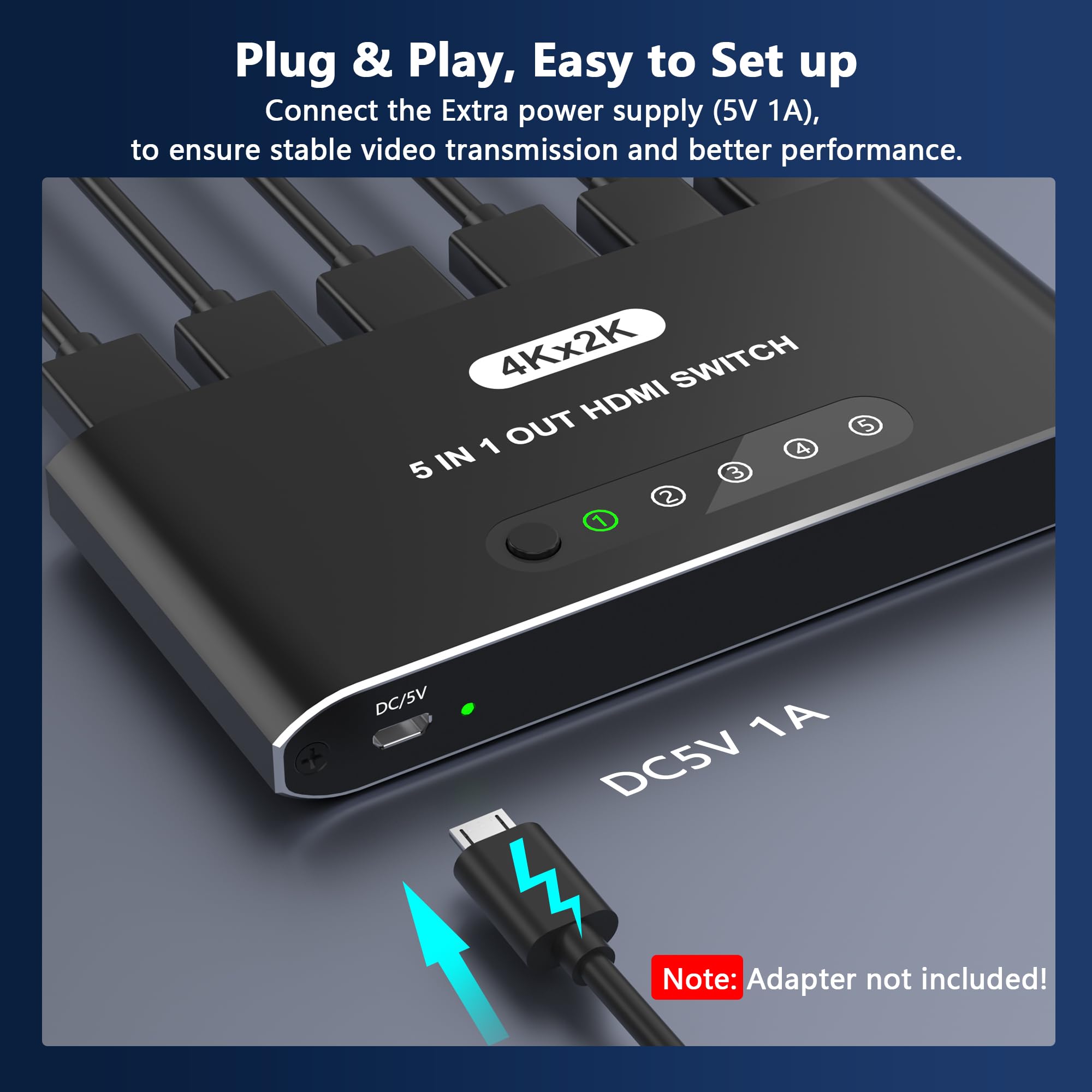 Switch HDMI 5 in 1 con telecomando 4K, 5 porte, selettore HDMI splitter box con indicatori LED, hub di commutazione di gioco con alimentazione USB per PS5 Xbox Fire Stick Roku TV Monitor