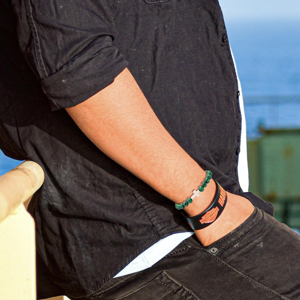 COLOYAN Christian Cross Beaded Bracelet Religious Cross Bracelet 8mm Natural Stone Healing Stretch Bracelets for Women Men - Image 4