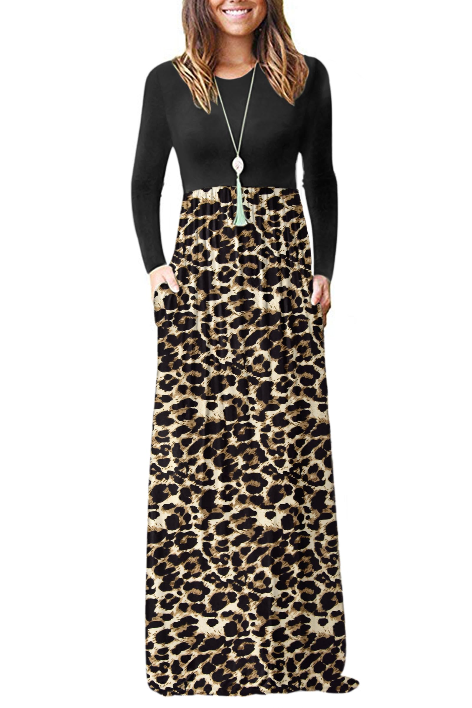 Auselily Women's Brown Leopard Join Black Casual Long Sleeve Maxi Dress Loose Long Dresses With Pockets Xxl