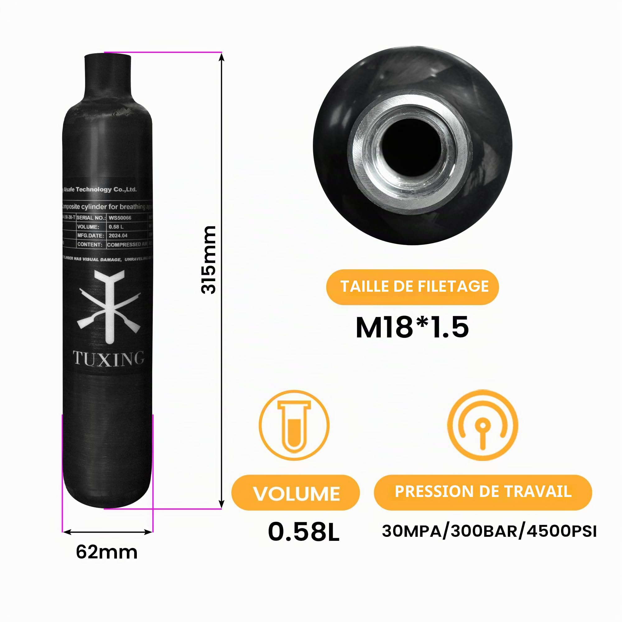 TUXING 30Mpa 4500Psi 0.58L 580cc Cylindre de gaz en Fiber de Carbone Paintball HPA réservoir Chasse pour PCP Fusil à Air comprimé Cylindre Filetage M18 * 1.5