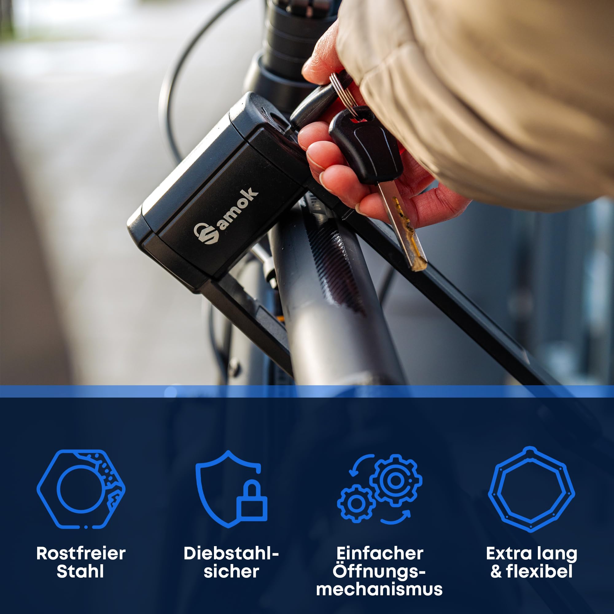 Samok® Lucchetto pieghevole per bicicletta, lunghezza 120 cm, con supporto, pieghevole, con chiave, alta sicurezza, livello 10, antifurto, per e-bike, bici da strada e MTB