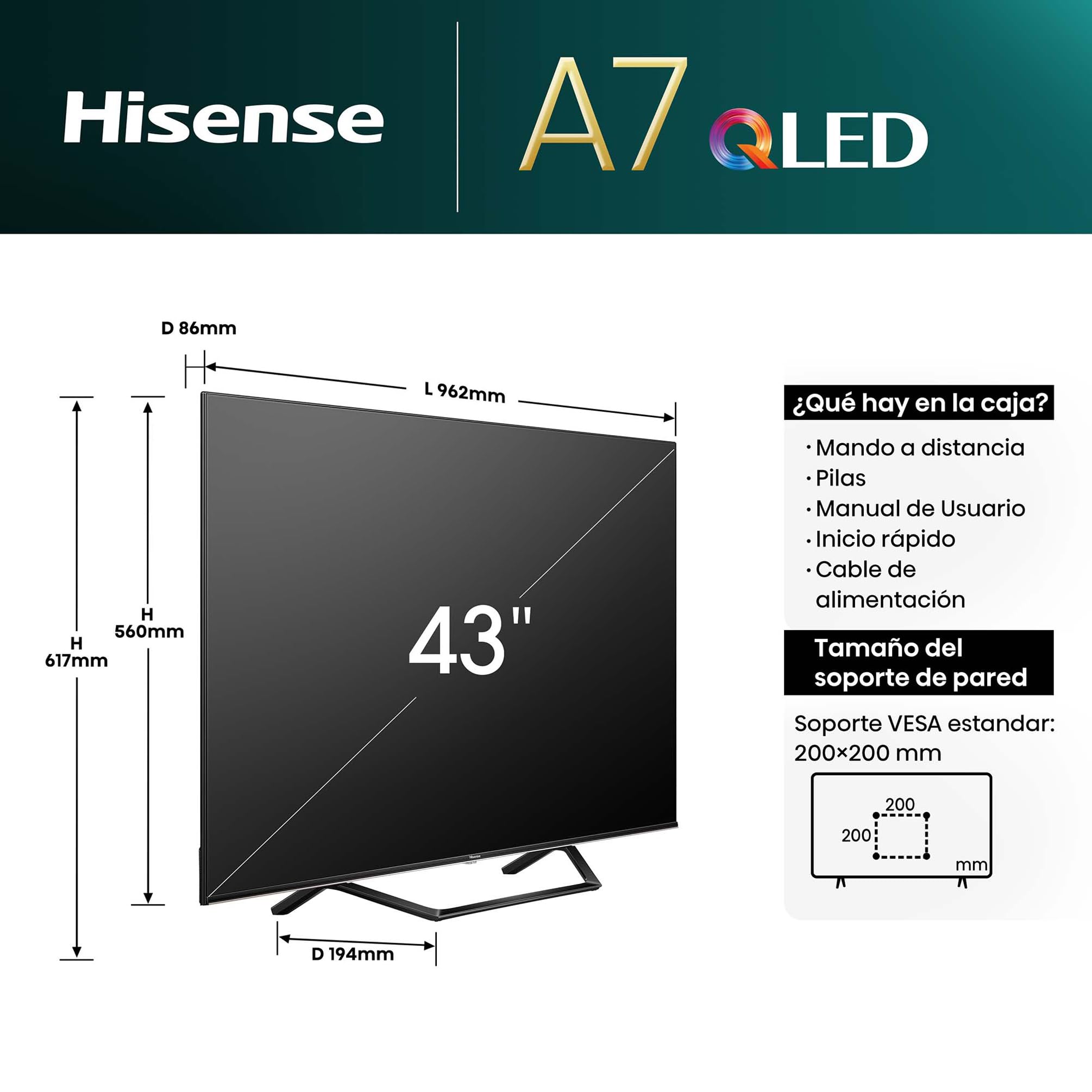 Hisense 43A7NQ - QLED Smart TV, 43 Pulgadas, con Quantum Dot Colour, 60Hz VRR 120 fps, Dolby Vision, Bluetooth&HDMI, Compartir en el televisor, Alexa Built-in (Nuevo 2024)