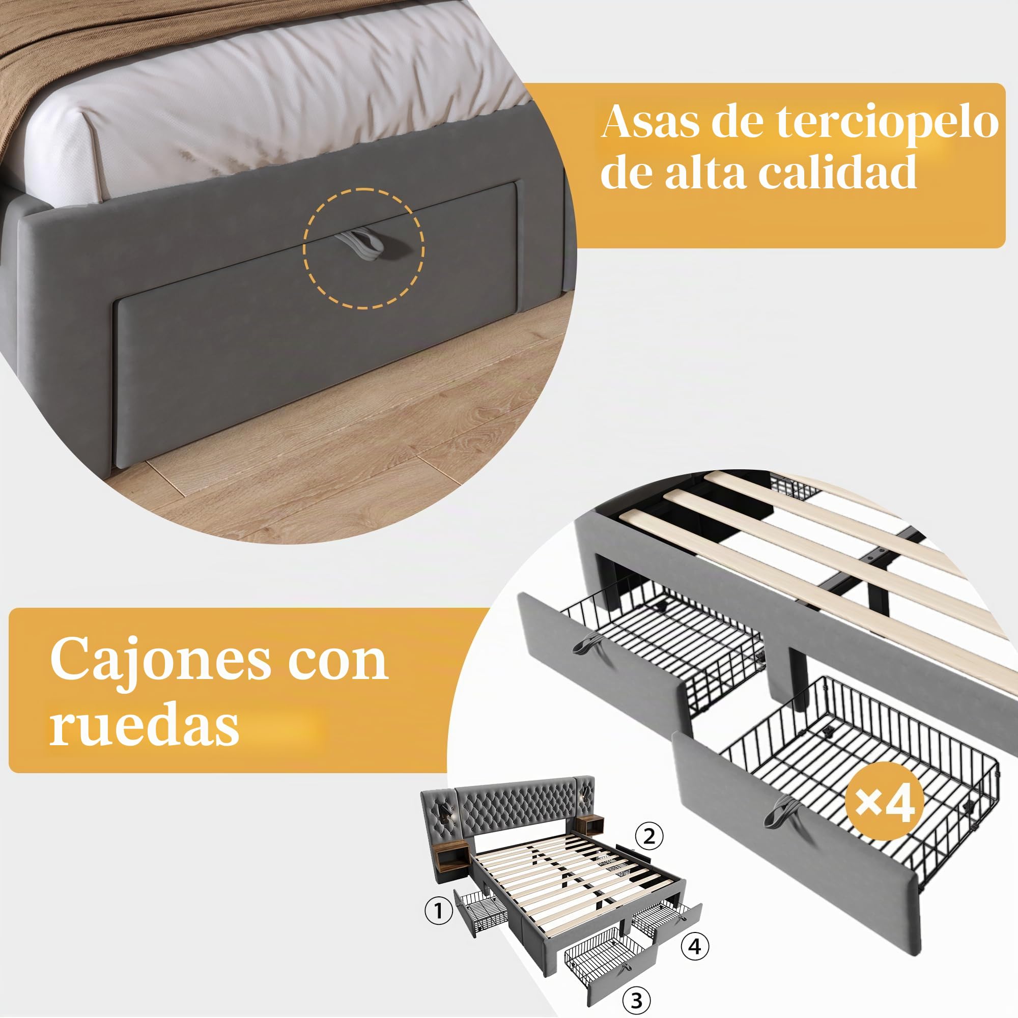 Set completo para dormitorio, cama tapizada matrimonial 180×200 cm con 2 mesitas de noche y 4 cajones, cabecero con luz de lectura y función de carga USB, en terciopelo, sin colchón