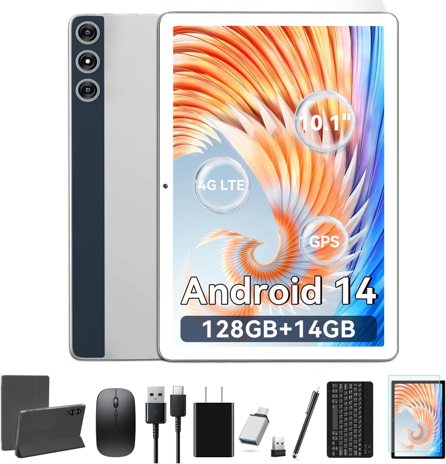 Tablet 10.1 Inch Android 14, Octa-Core 5G WiFi, 128GB ROM 14GB RAM, Dual Sim Card Slot, Camera, 2025 Latest Tab with Keyboard Bundle 1TB Expand Android Tablet 13MP+8MP, Unlocked for T-Mobile (Silver)