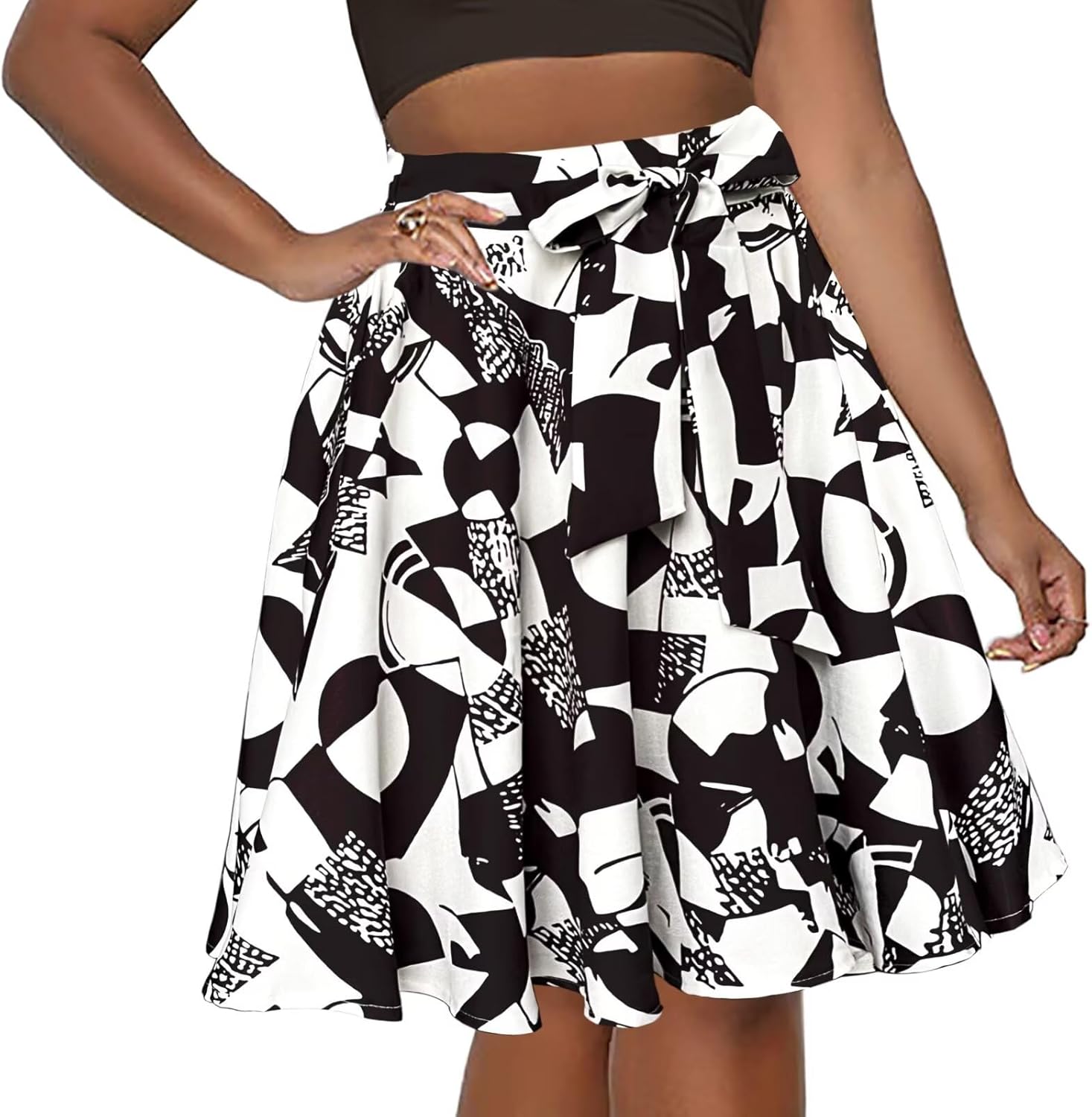 Afibi Womens African High Waist Tie Ankara Skirt Flared Dashiki Midi Skirt with Pockets - Image 3