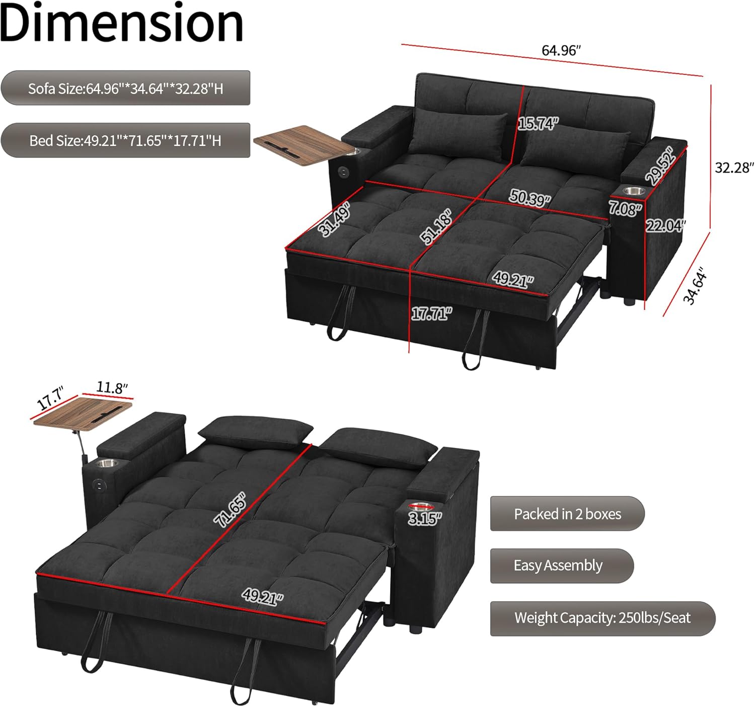 Eafurn 64.96" Oversized Convertible Sleeper Sofa Couch Bed, Queen Futon Loveseat Pull Out Sofabed Recliner Lounge Love Seat with Reclining Backrest,Storage Armrest,USB Port,Side Table and Cupholders