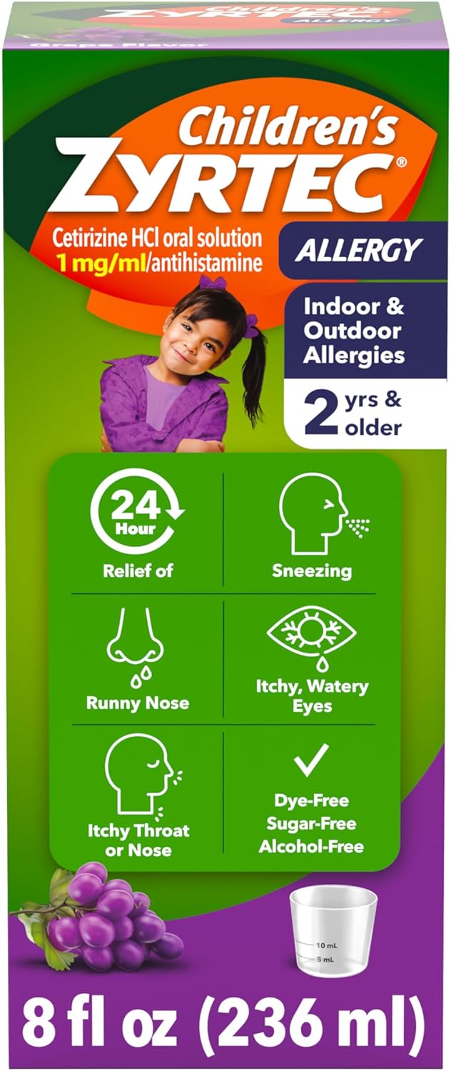 Zyrtec Children’s 24-Hour Allergy Relief Syrup, 5 mg Cetirizine Hydrochloride Antihistamine, Kids Allergy Medicine for Indoor/Outdoor Allergies & Hay Fever, Dye-, Alcohol- & Sugar-Free, Grape, 8 fl oz