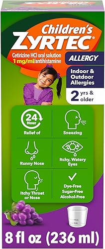 Zyrtec Jarabe de alergia para niños de 24 horas con cetirizina HCl, medicamento antihistamínico para alergias en interiores y exteriores para niños,