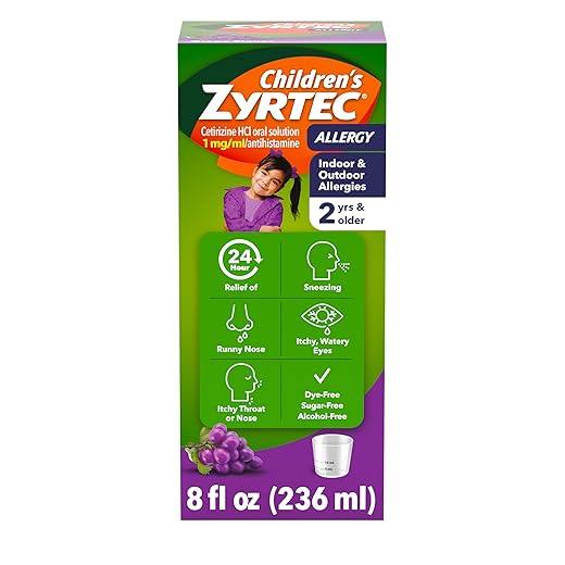 Zyrtec Children’s 24-Hour Allergy Relief Syrup, 5 mg Cetirizine Hydrochloride Antihistamine, Kids Allergy Medicine for Indoor/Outdoor Allergies & Hay Fever, Dye-, Alcohol- & Sugar-Free, Grape, 8 fl oz