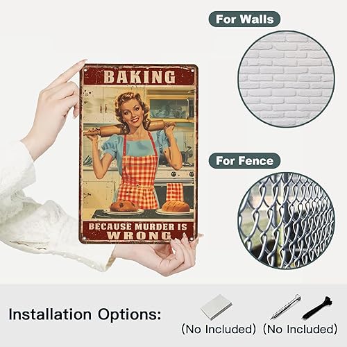 Miniatura 3 de Letrero de hojalata retro para mujer, con texto en inglés "Baking Because Murder is Wrong", divertido rústico, decoración de pared, arte de pared,