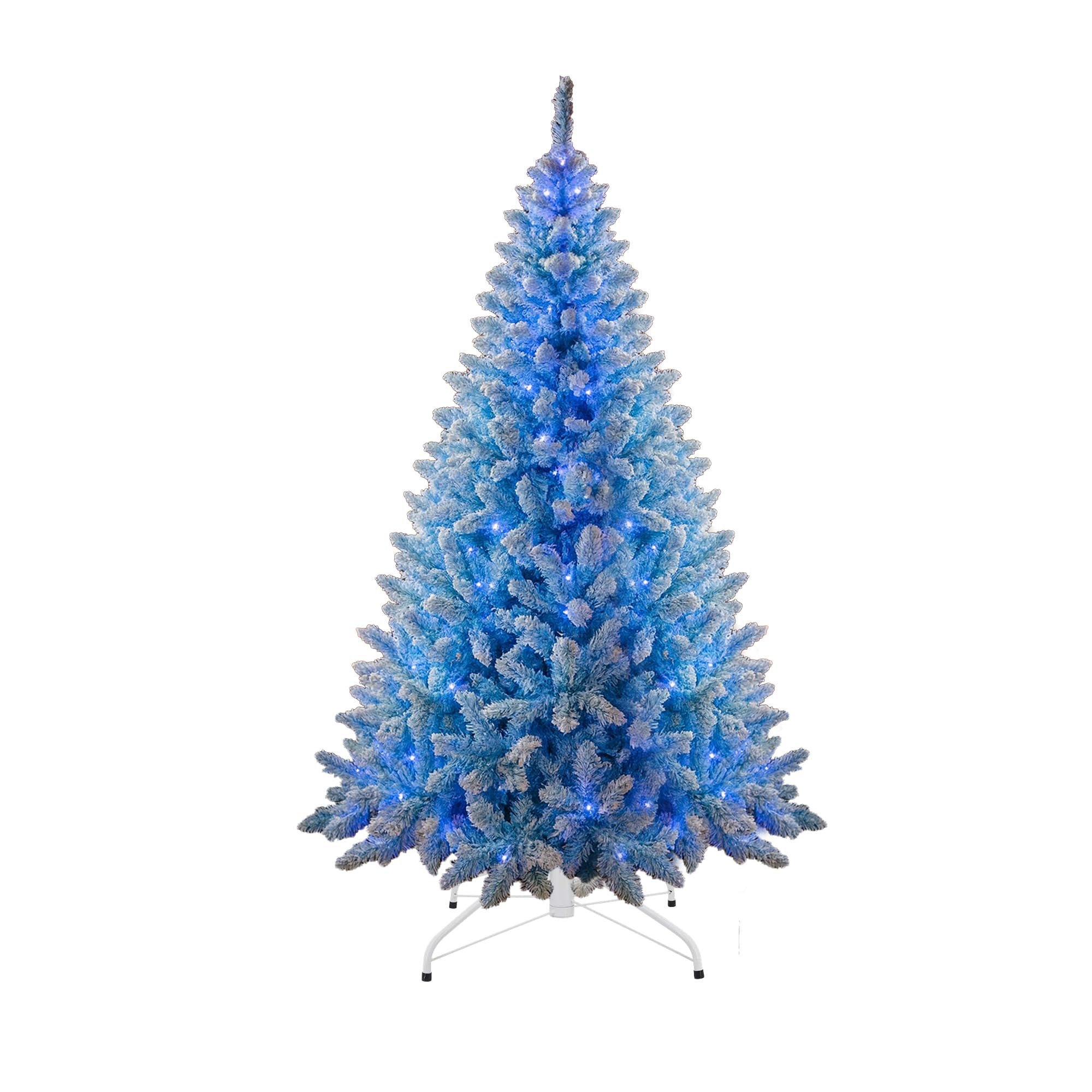 8Ft Flocked Prelit Blue Christmas Tree with Blue LED Lights Multifunction, Snow Dusted Artificial Pine Foldable Metal Stand 1396 Tips Hinged Branches Snowy Bushy Luxury Holiday Home Decoration