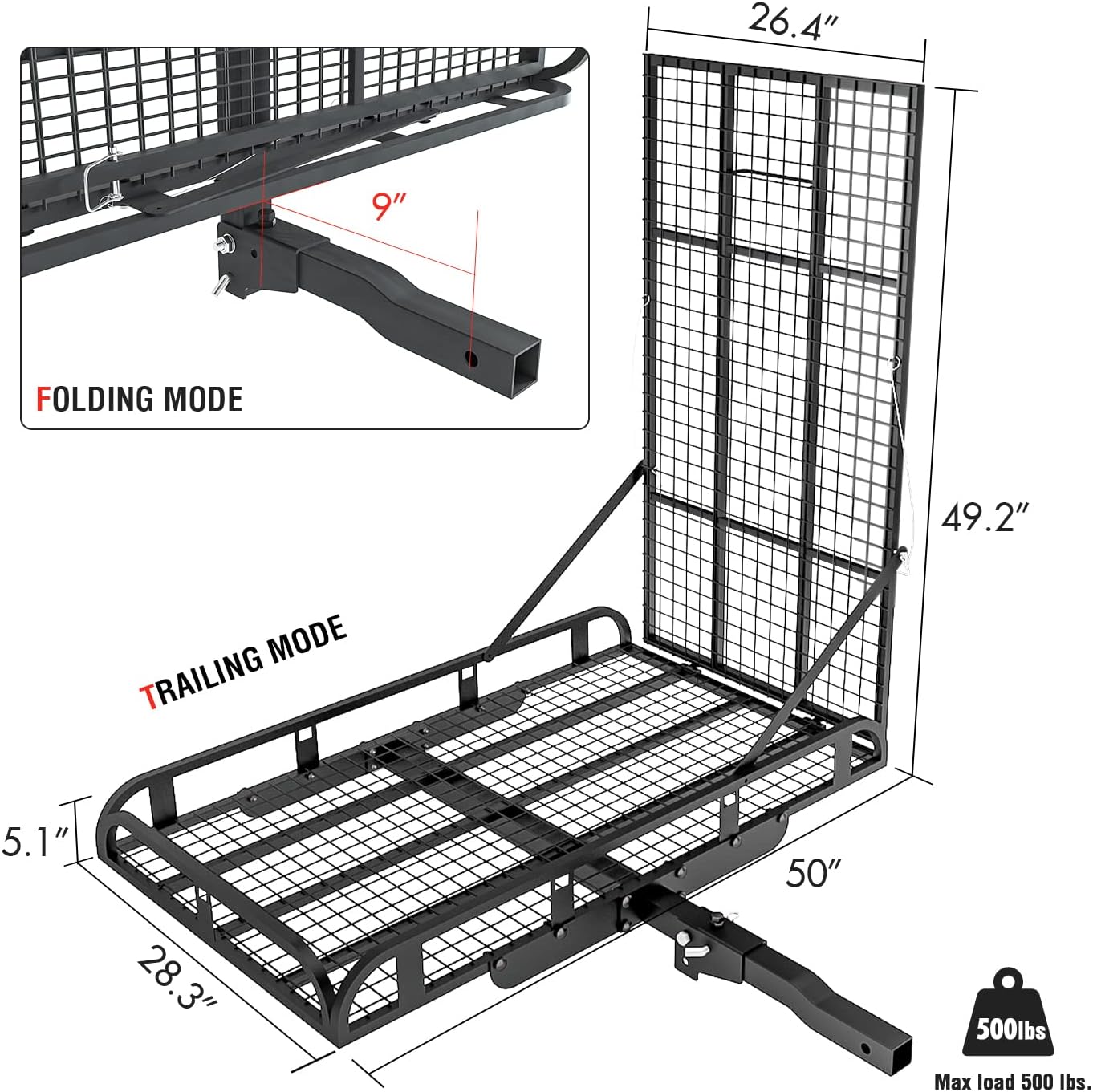 Hitch Mount Steel Cargo Carrier Basket with 49'' Folding Wheelchair Ramp, Fits 2'' Trailer Mounted Hitches