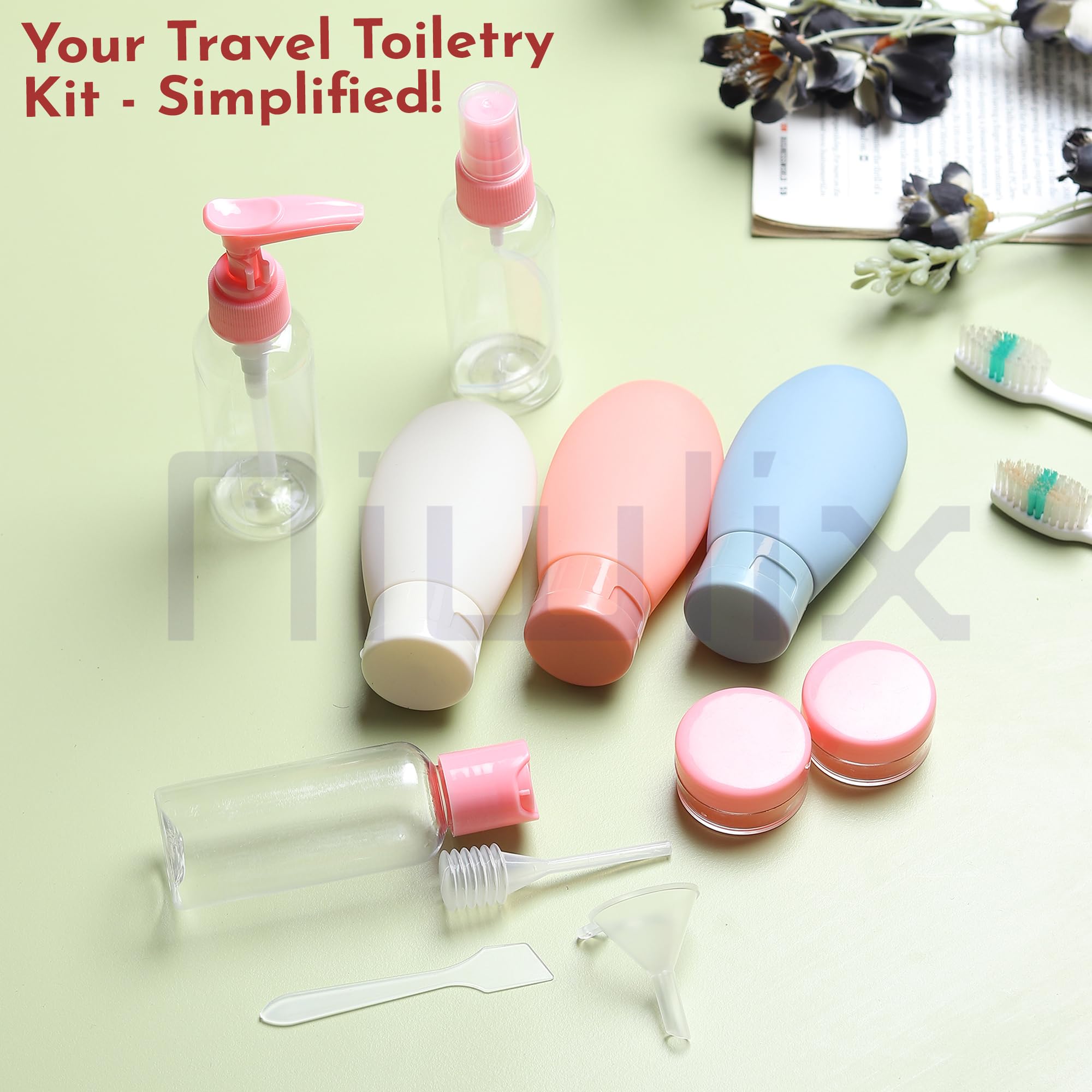 Niwlix Polypropylene Pack of 11 Travel Bottles For Toiletries Travel Essentials for women Toiletry Bottles For Travelling For Shampoo Cream Handwash Lotion Storage Bottle accessories women, 60 Ml