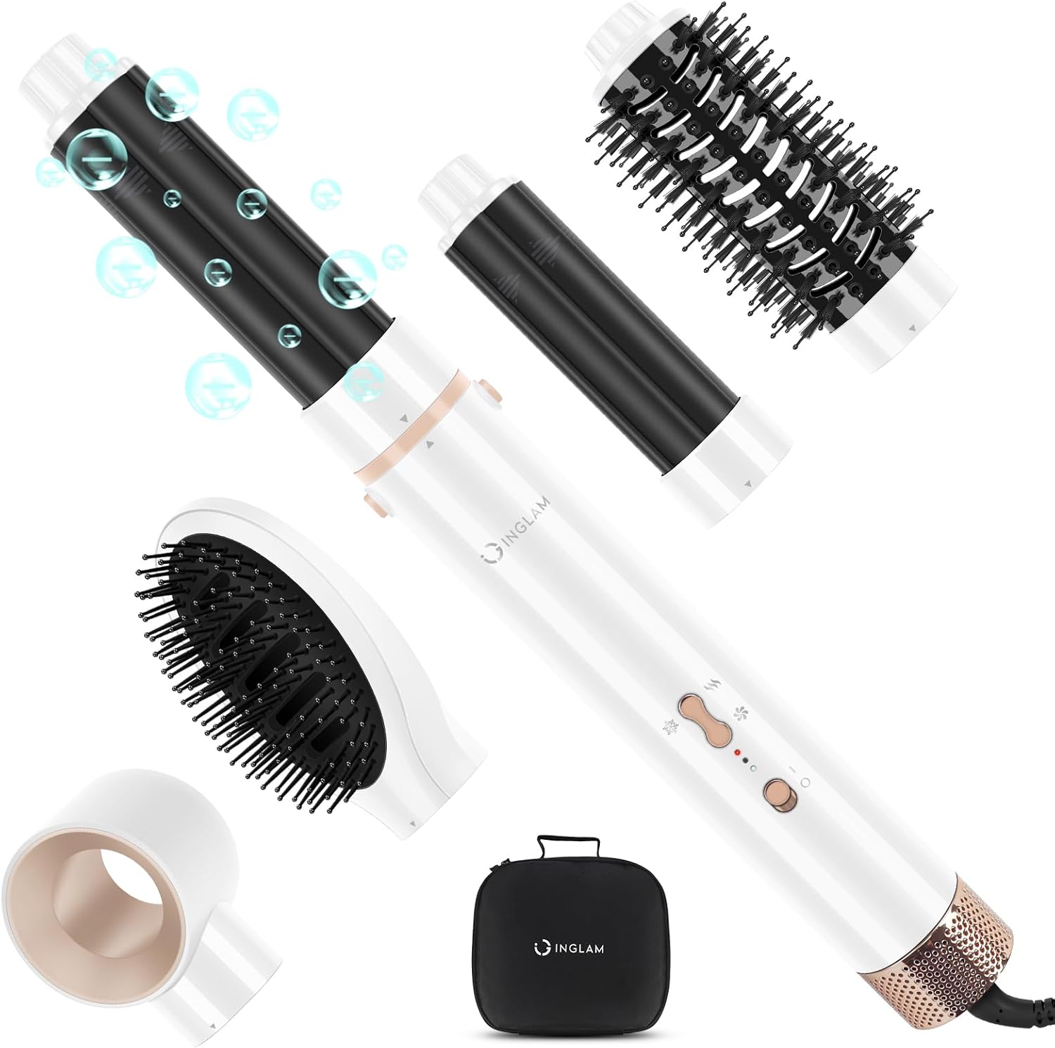 IG INGLAM Update 5 in 1 MegaAIR 110,000 RPM High-Speed Negative Ionic Hair Dryer 40MM Air Automatic Curling Iron,Massage Blow Dryer Brush for Curling Volumizing Straightening,White Standard