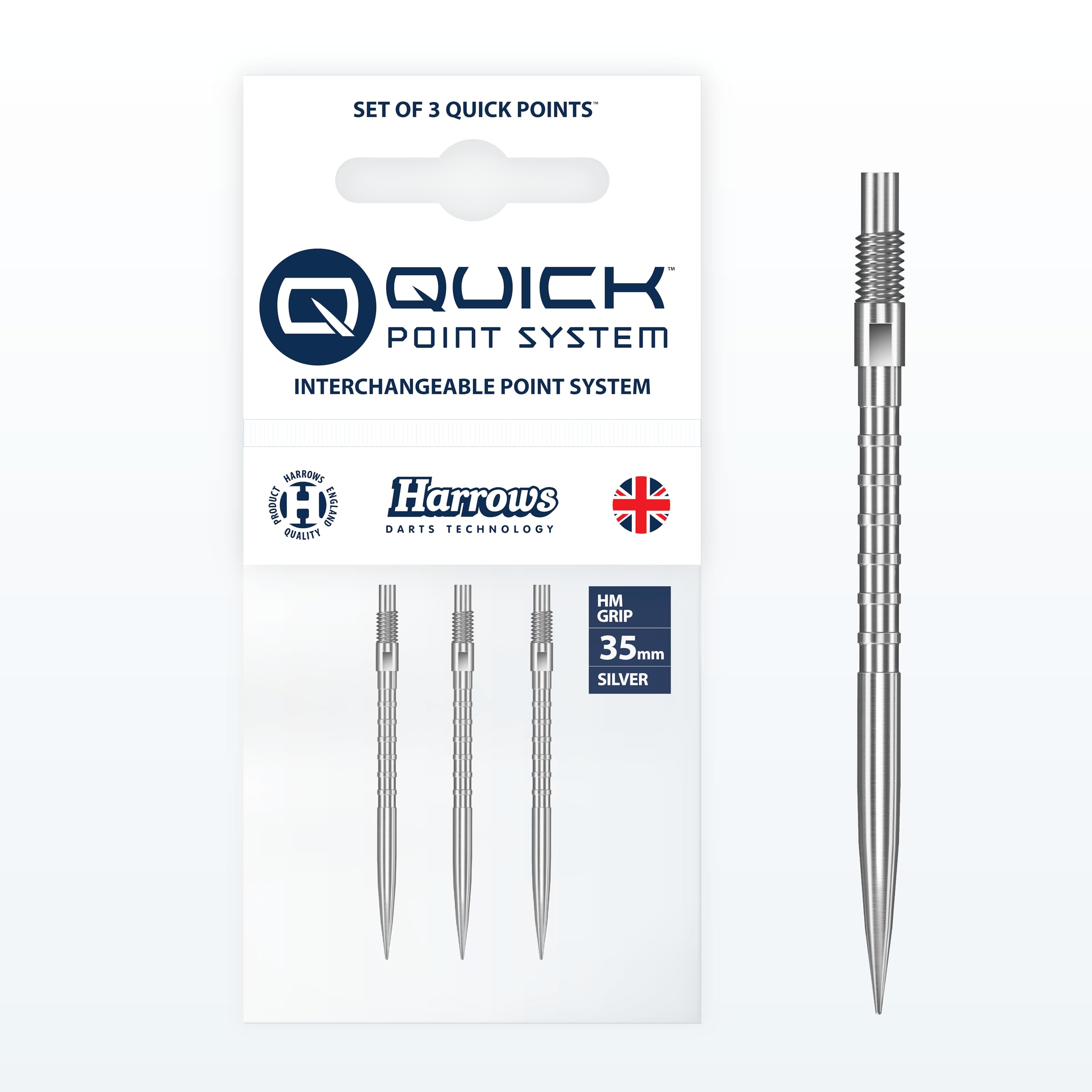 Harrows HM Grip Heavy Metal Quick Points – Ryan Searle Inspired Dart Points with Square-Cut Finger Grip Rings – No-Break Quick Point System for Fast Point Swaps (Silver, 35mm)