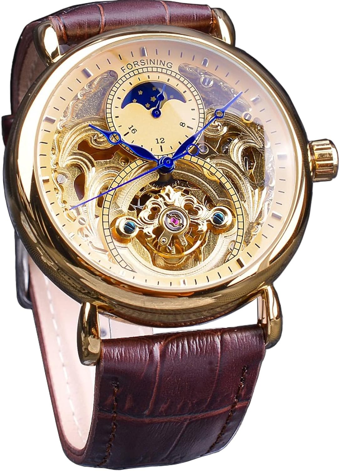 FORSINING Luxury Men's Watch with Moon Phase & Tourbillon, Retro Skeleton Hollow Self-Wind Mechanical Wristwatch, Leather Belt Automatic Movement Men Watches