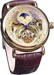 Relógio masculino de luxo com fase da lua e turbilhão, relógio de pulso mecânico oco de esqueleto retrô, cinto de couro, movimento automático, relógios masculinos