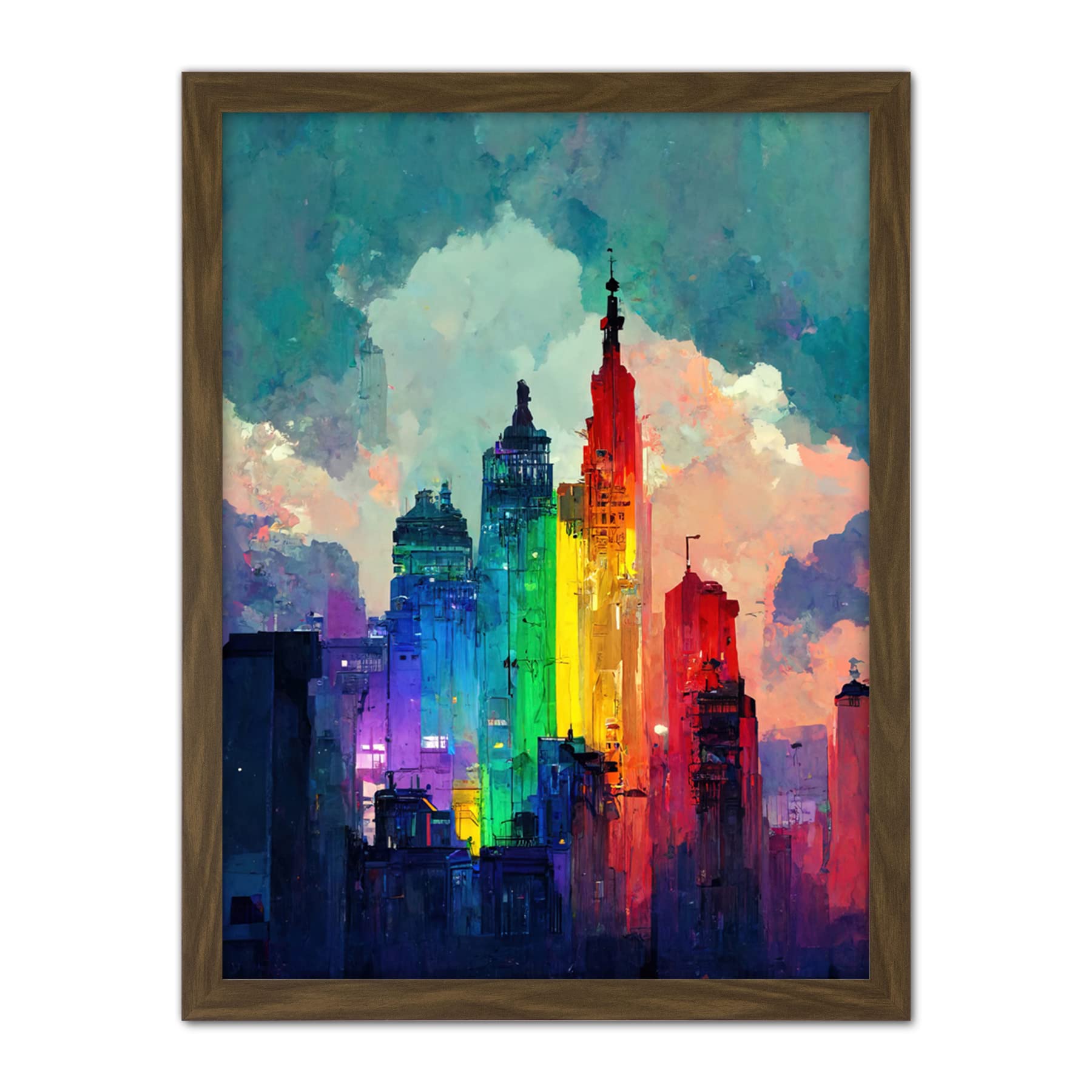 Wee Blue Coo Rainbow Skyscrapers Skyline Cityscape Abstract Multicoloured Painting Artwork Framed Wall Art Print 18X24 Inch