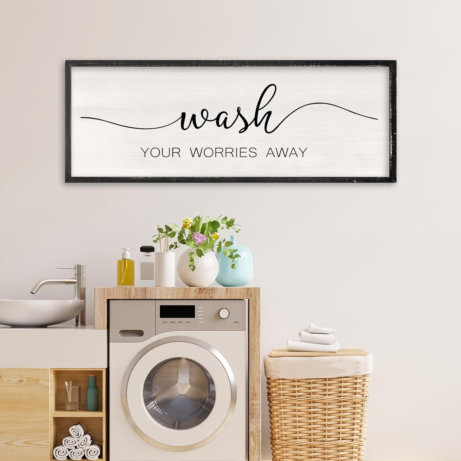 Wash Your Worries Away Sign Bathroom Wall Art Decor 32x12 Inch Inspirational Wooden Framed Large Modren Farmhouse Laundry Room Funny And Beautiful Artwork Wall Hanging Decoration (Black) 32''×12'' Black