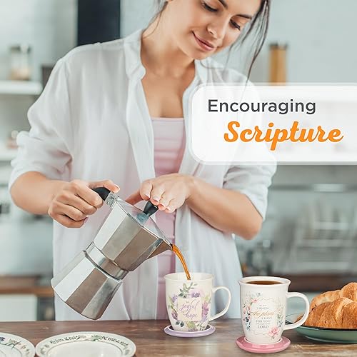 Miniatura 10 de Christian Art Gifts Taza de cafété con tapa, posavasos con texto en inglés Be Still and Know, Salmo 4610, versículo de la Biblia, regalo alentador