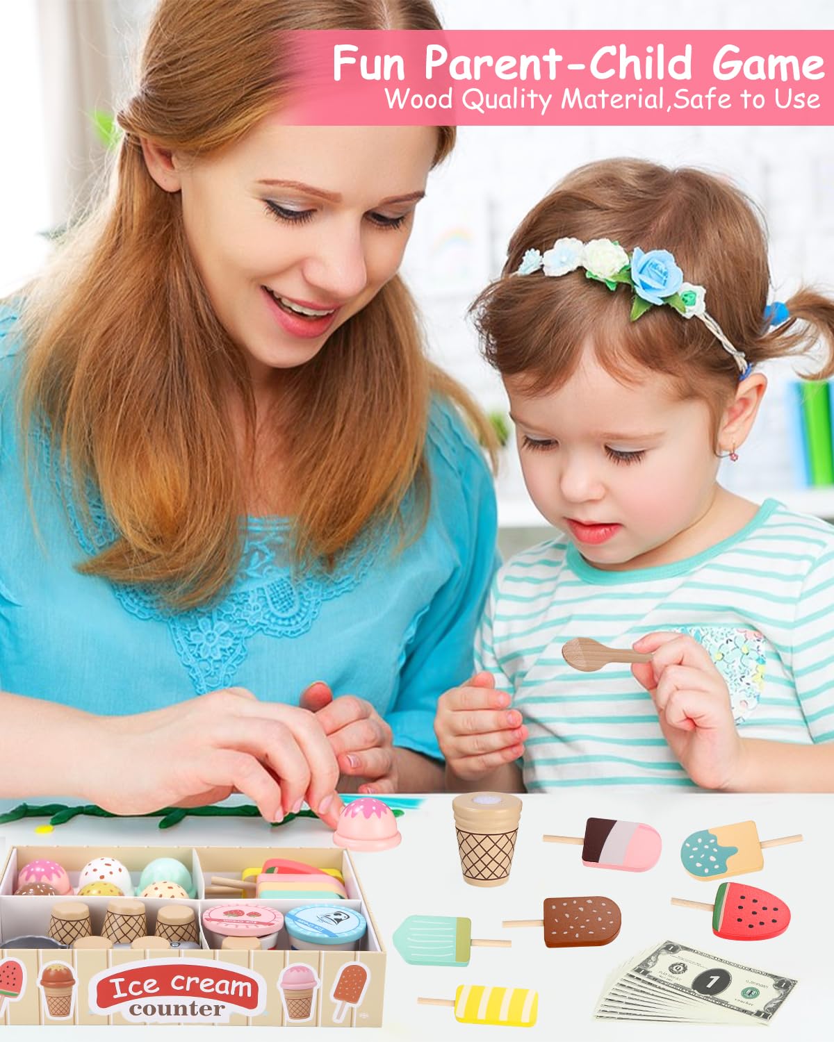 Jeuets de Crème Glacée pour Enfant,Glacier en Bois,Jouet à Crème Glacée en Bois Marchande Enfants,Glacier Jeu Accessoires de Cuisine avec Un comptoir,Montessori pour 3,4,5,6 Ans