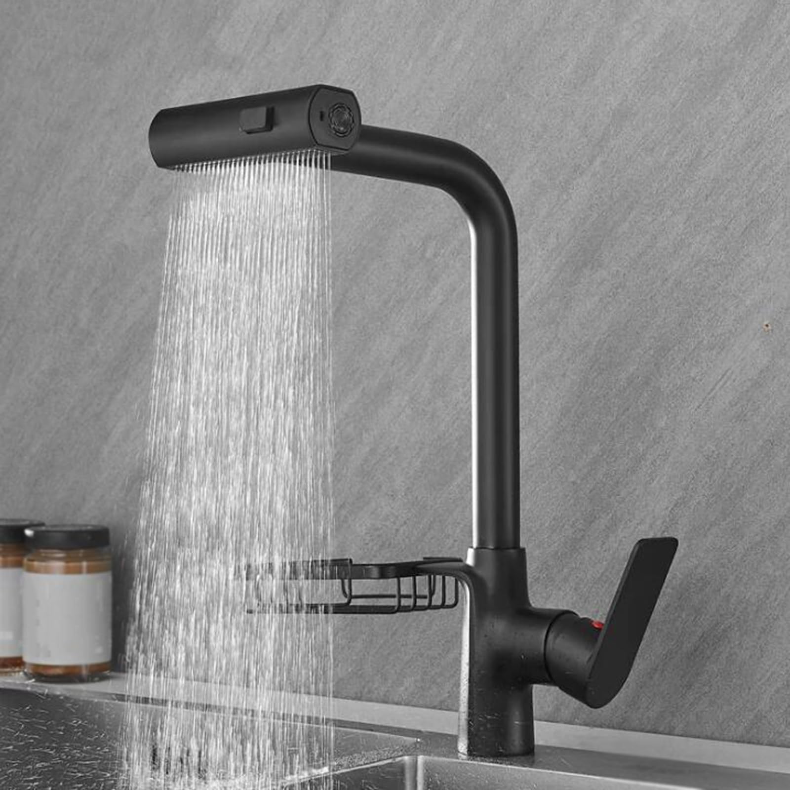 Kitchen Mixer Tap with Pull Out Spray Brass Hot and Cold Water Swivel Single Hole Taps Out-Black
