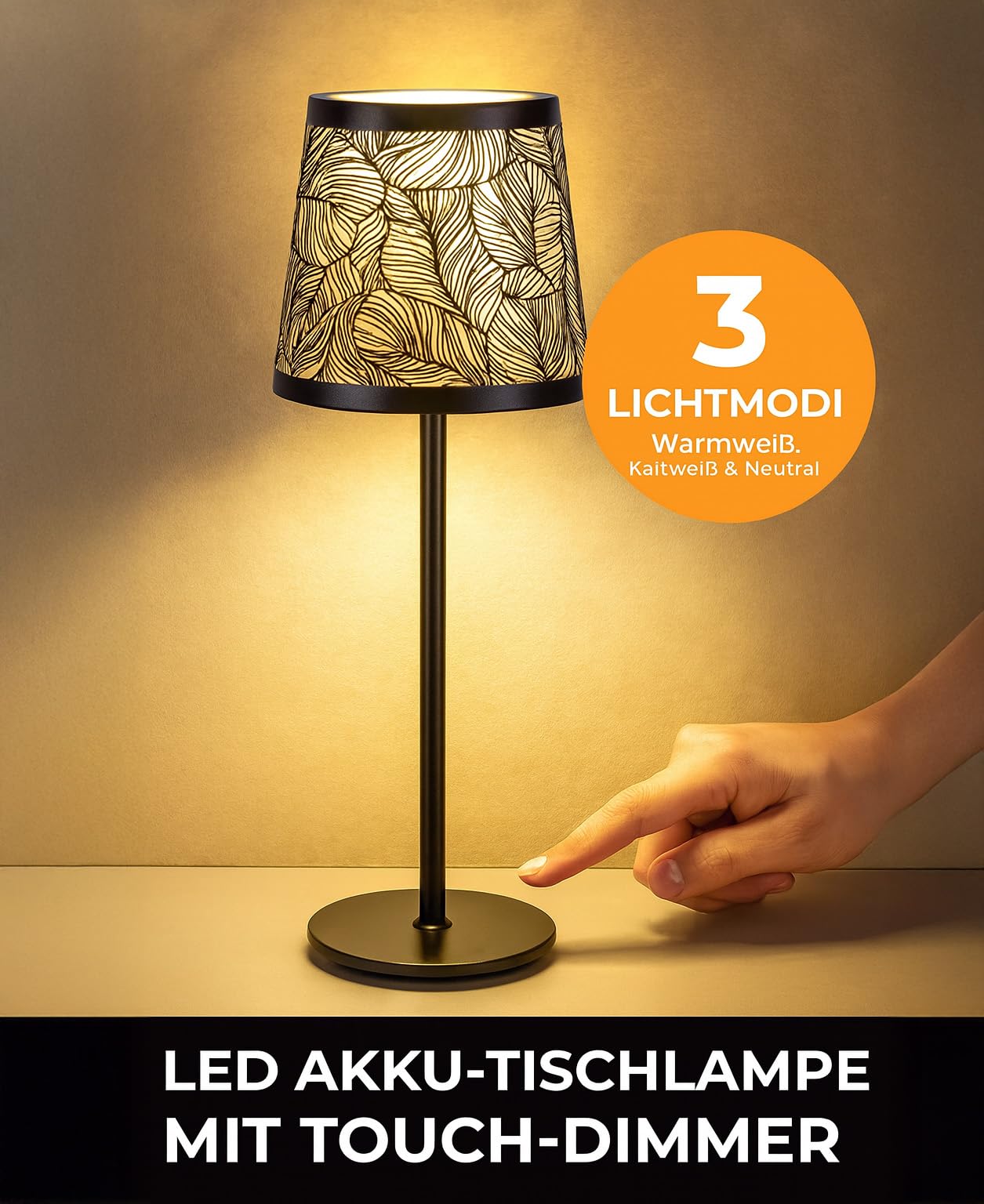 formano LED Akku Tischlampe 41 cm mit Touch-Dimmer USB-Ladeanschluss inkl. Kabel 3-in-1 Lichtmodi (warmweiß/kaltweiß/neutral) – Designlampe IP54 spritzwassergeschützt für Indoor & Outdoor