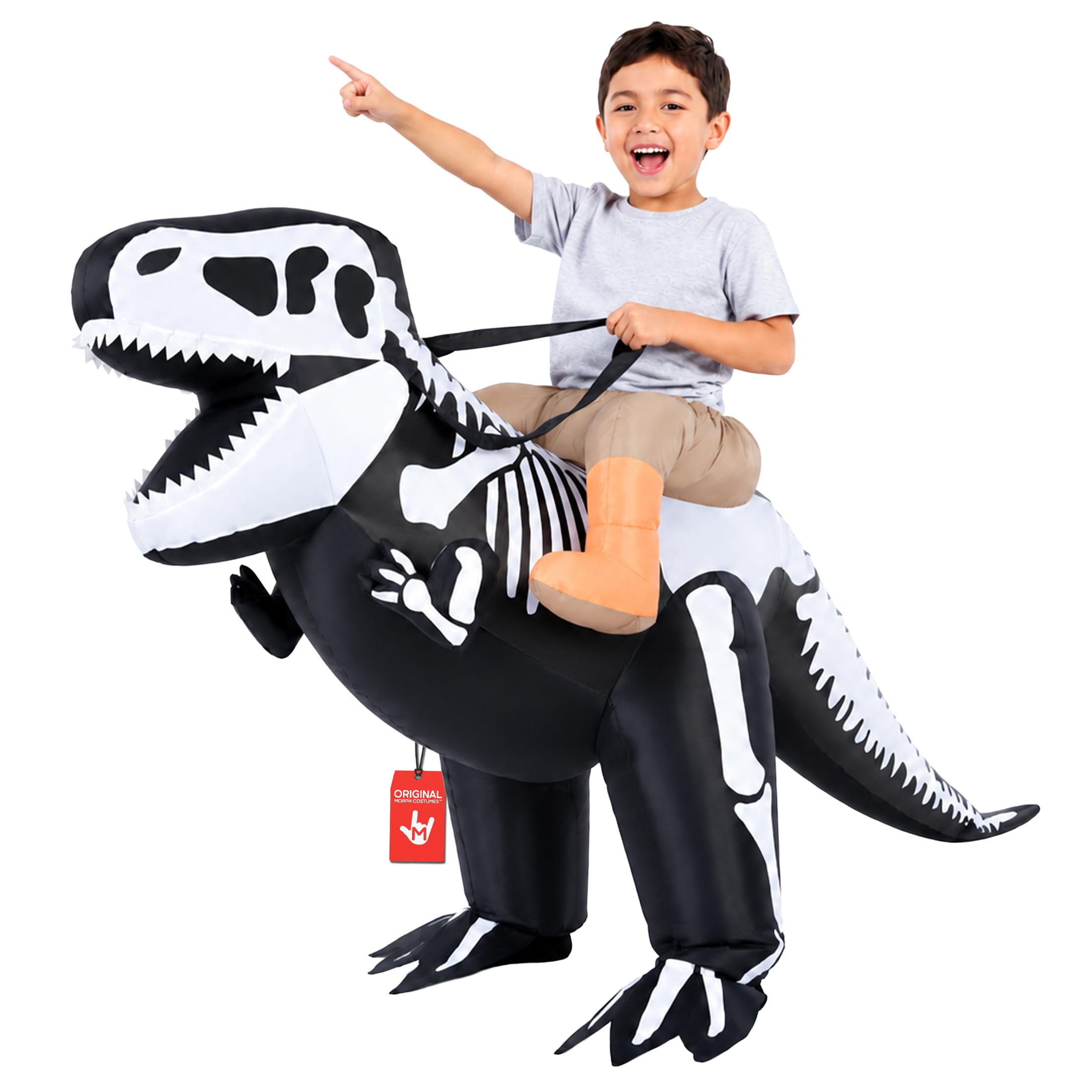 Morph Disfraz Dinosaurio Inflable Niño, Disfraz T-Rex Halloween Niño | Traje de Una Pieza para Montar, Esqueleto de T-Rex, Se Infla en Segundos, Perfecto para Halloween, Siempre un Éxito