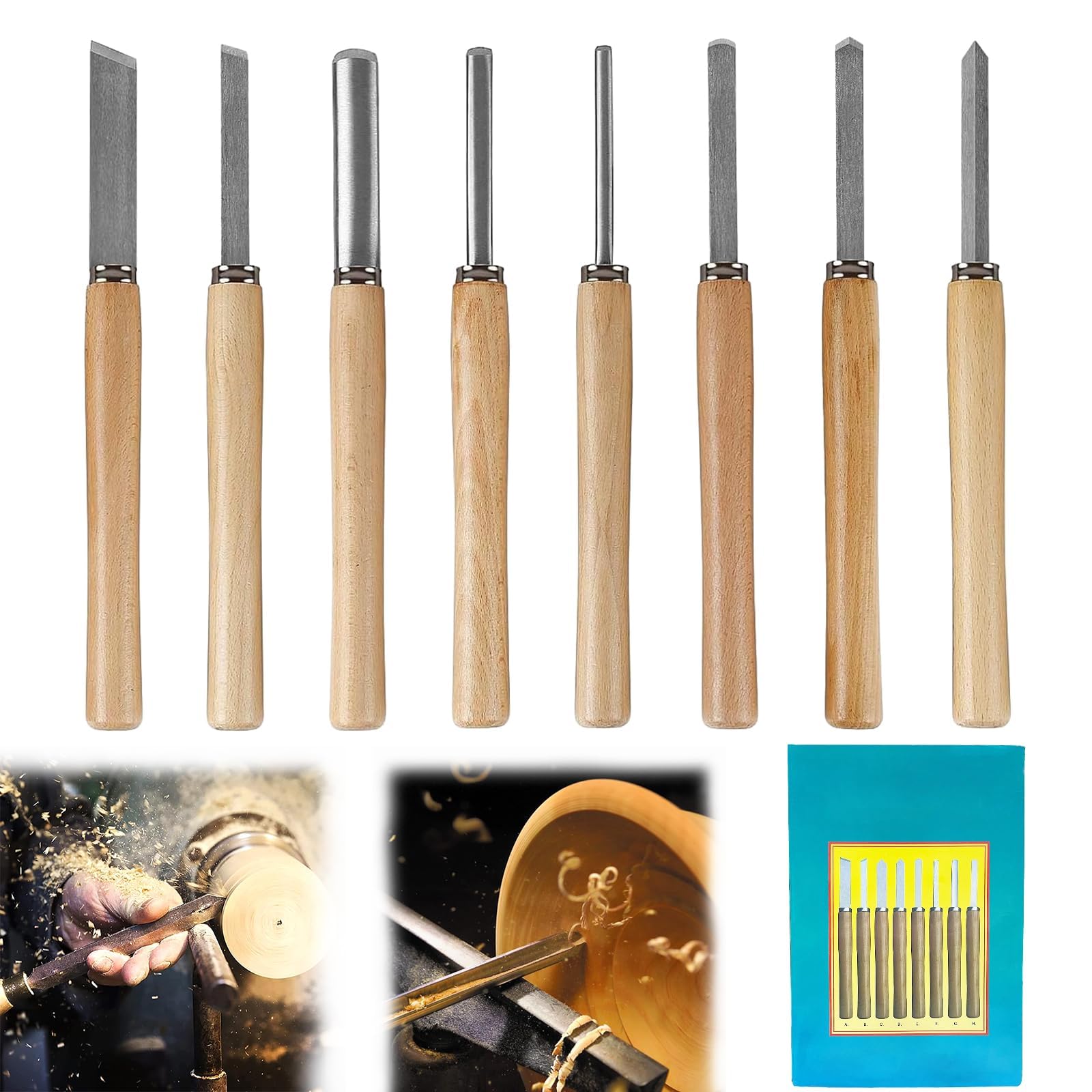 8 Stück Holz Drechselwerkzeug Meissel Set Drechselmesser Multifunktional Drehmeißel Set Drechselbeitelsatz Drechseleisen Holzmeisel für Holzschnitzereien Anfänger - 8 Stechbeitel + Papierbox