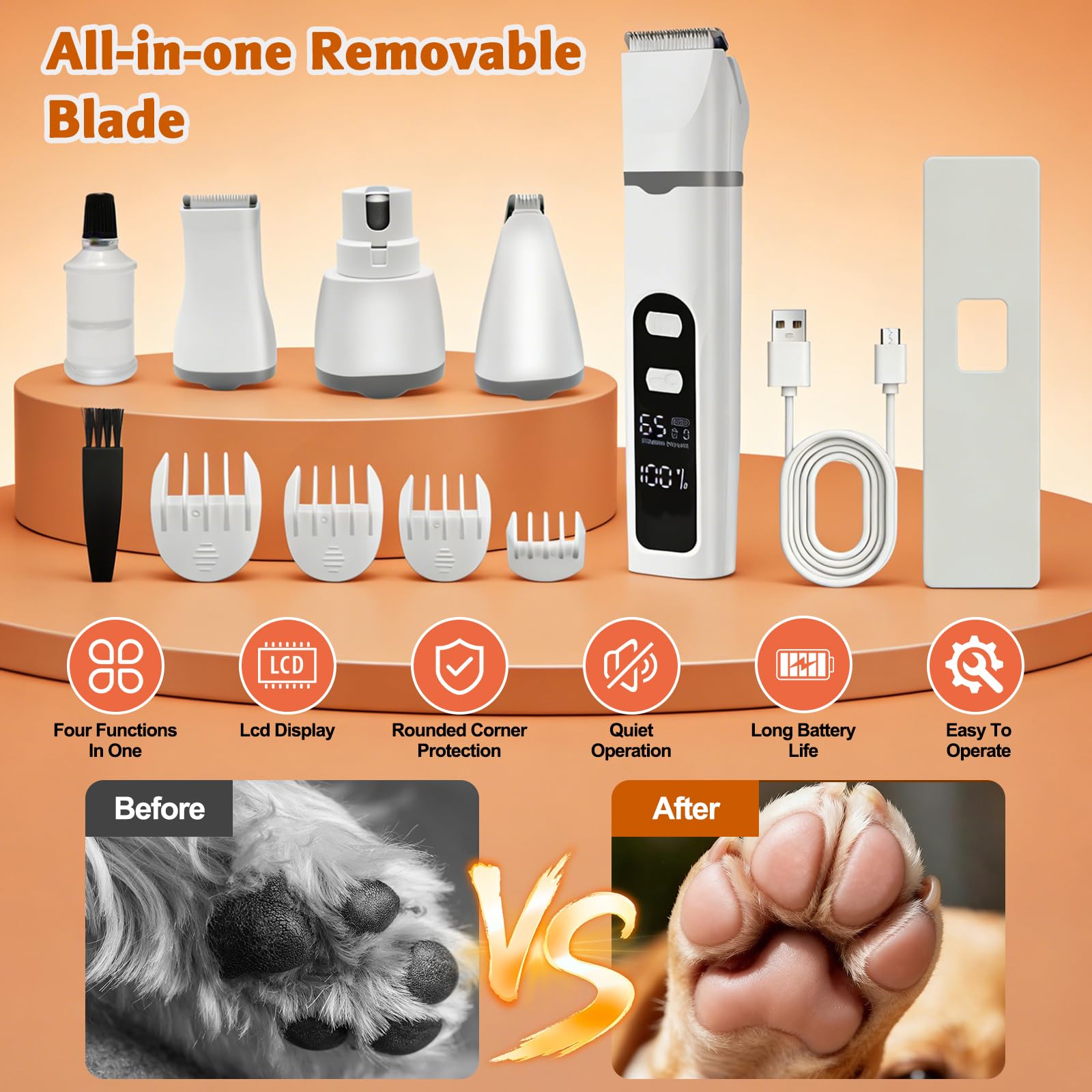 4 en 1 Maquina cortar pelo perros y Gatos, Maquinillas eléctricas Cortapelos para Mascotas, Profesional Maquina de Cortar pelo Animal&Cortapatas&Pulidora para Cuerpo, Patas, Ojos, Orejas y Cara