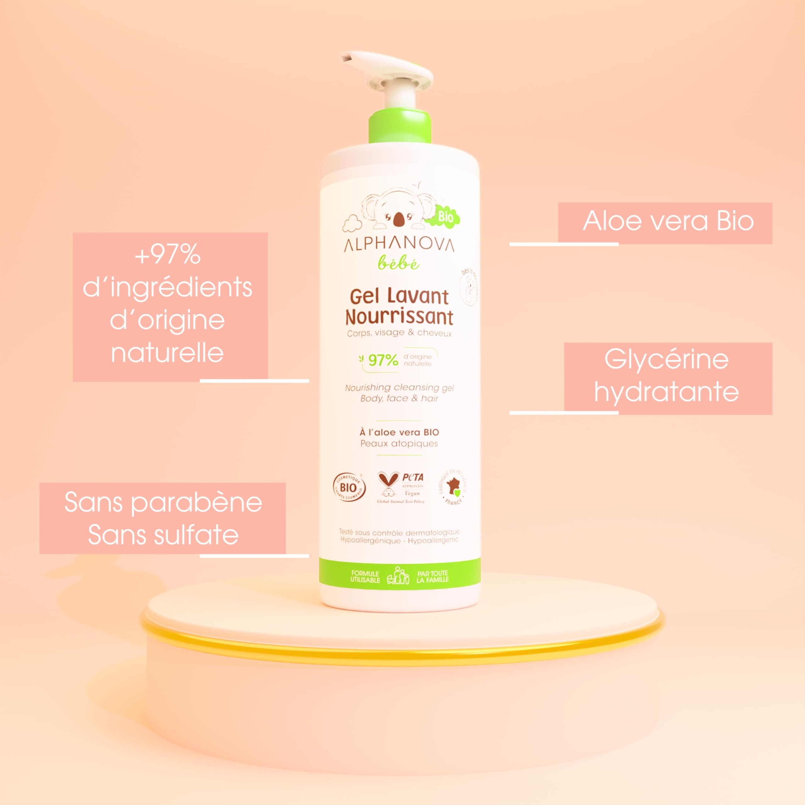 ALPHANOVA Bébé Gel de lavado natural y orgánico* – Cuerpo, cara y cabello – Especial para pieles sensibles, reactivas o secas – Certificado orgánico – Sin perfume – 400 ml