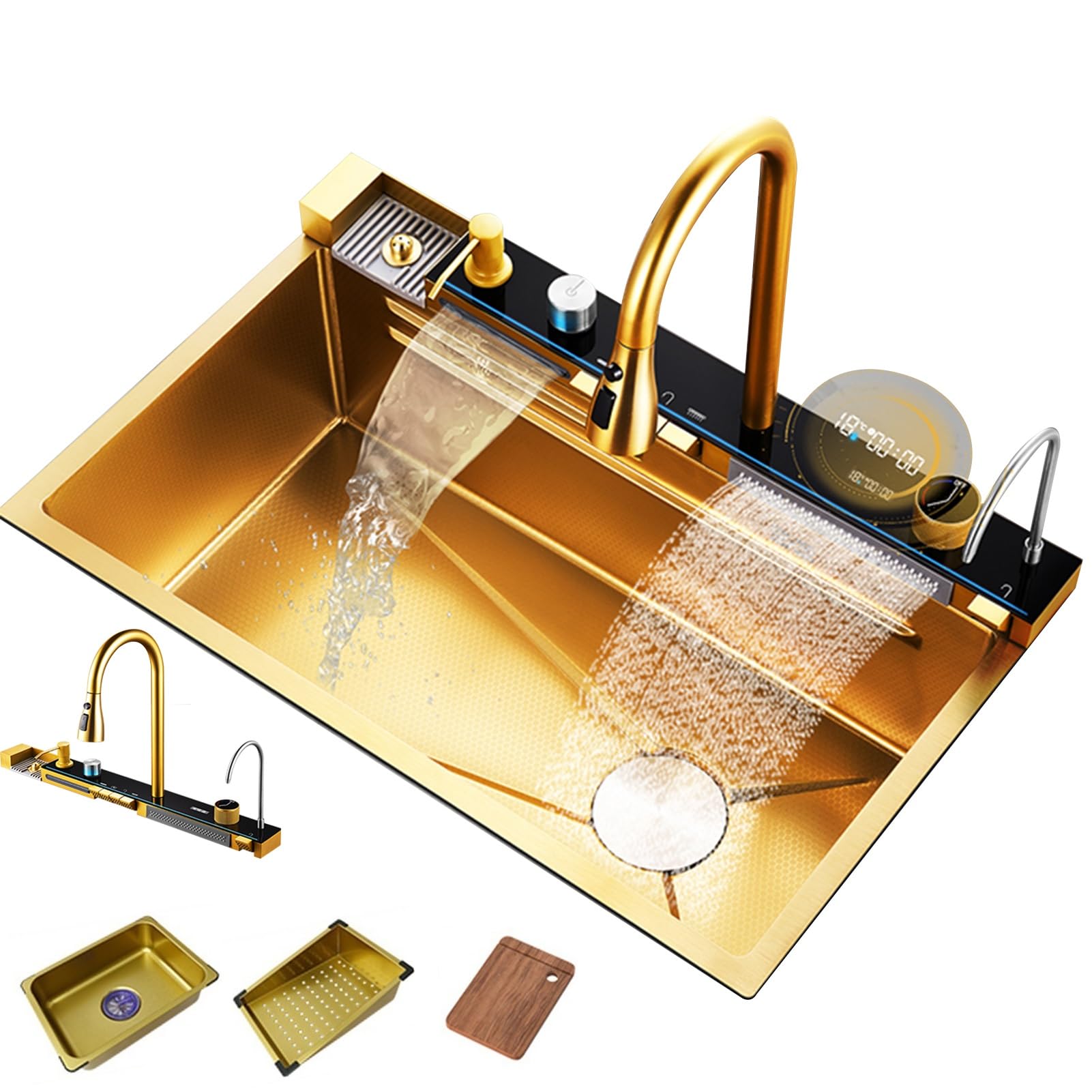 Conslika Gold Modern Multifunctional Kitchen Sink Stainless Steel Double Apron Single Bowl Sink Water Temperature Display Button Control Pull-Out Faucet Multiple Accessories(,68 * 46 * 22Cm)